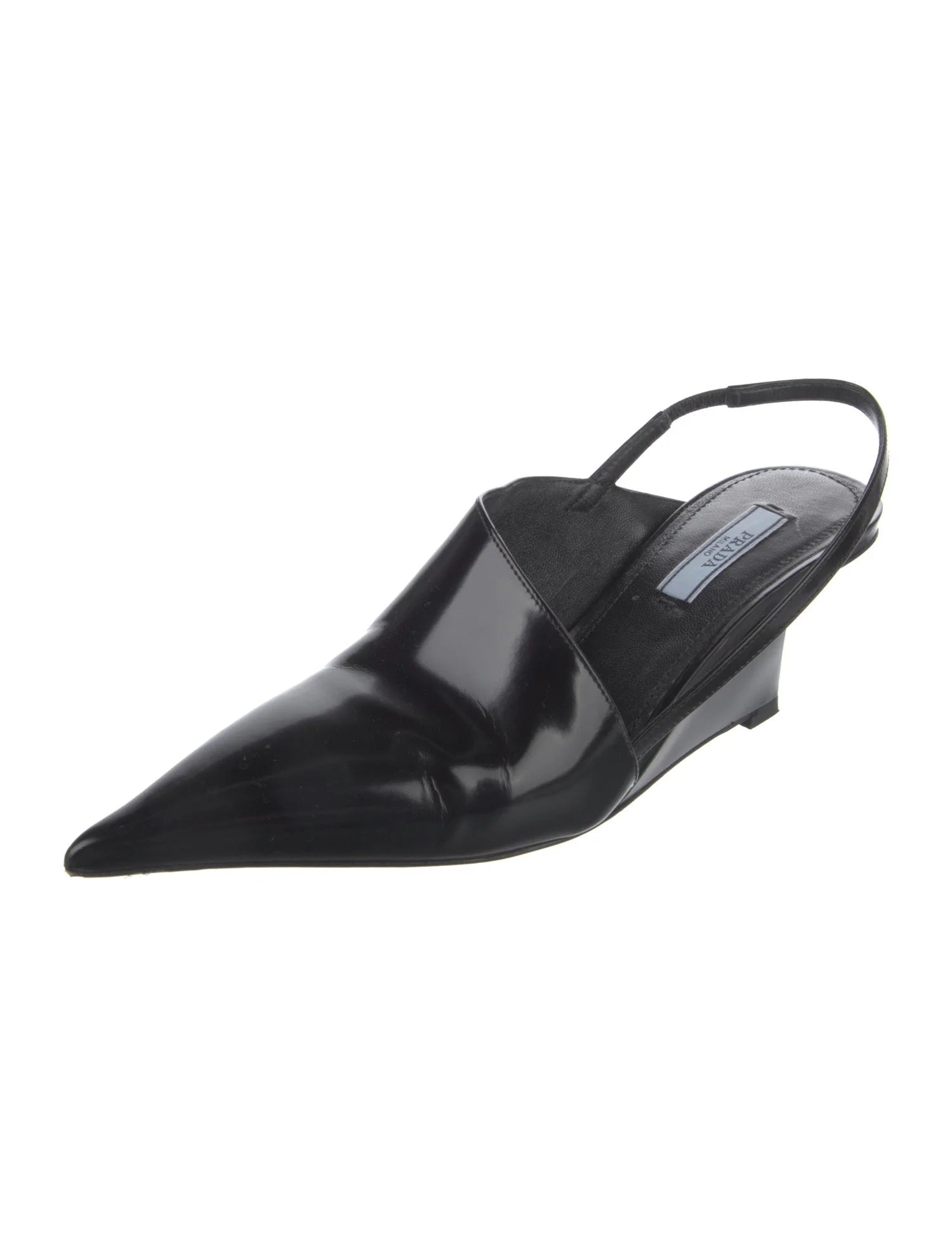 PRADA LEATHER SLINGBACK GEOMETRIC WEDGE HEEL PUMPS
