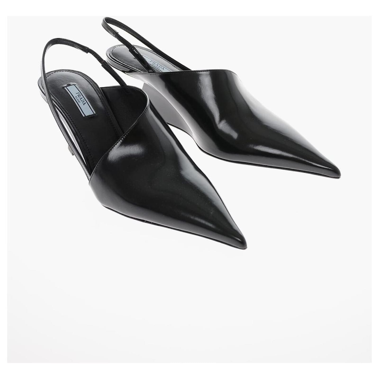 PRADA LEATHER SLINGBACK GEOMETRIC WEDGE HEEL PUMPS