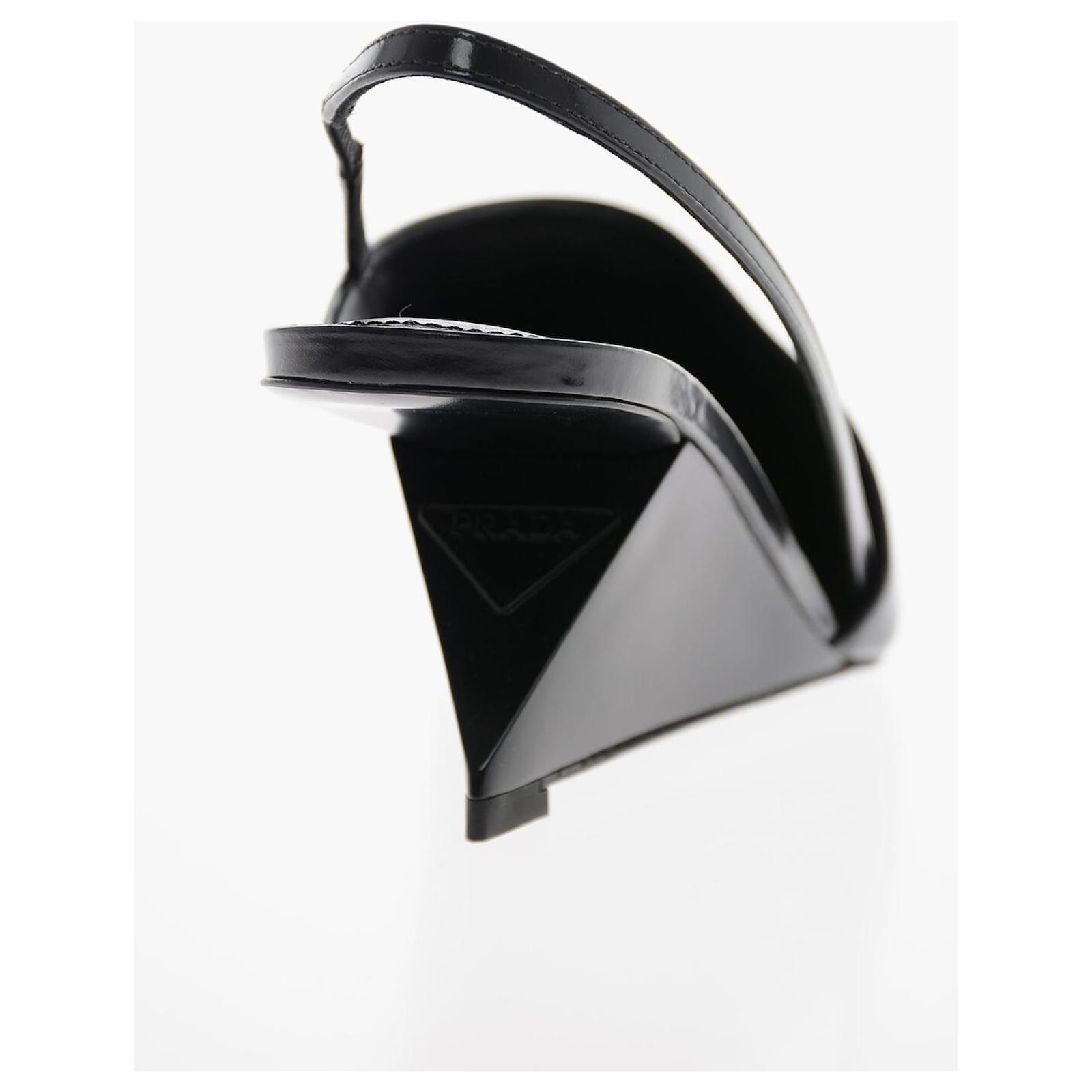 PRADA LEATHER SLINGBACK GEOMETRIC WEDGE HEEL PUMPS