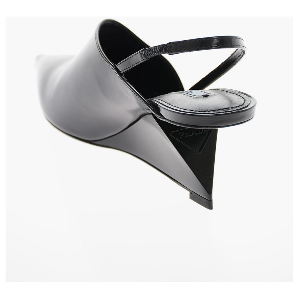 PRADA LEATHER SLINGBACK GEOMETRIC WEDGE HEEL PUMPS