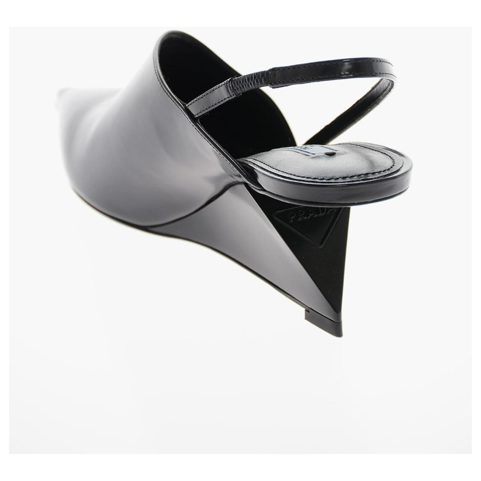 PRADA LEATHER SLINGBACK GEOMETRIC WEDGE HEEL PUMPS