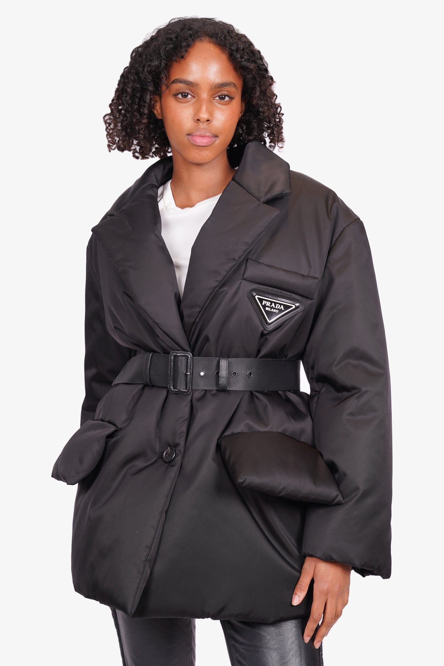 Prada 2021 Black Re-Nylon 'Gabardine' Puffer Jacket With Belt Size 38