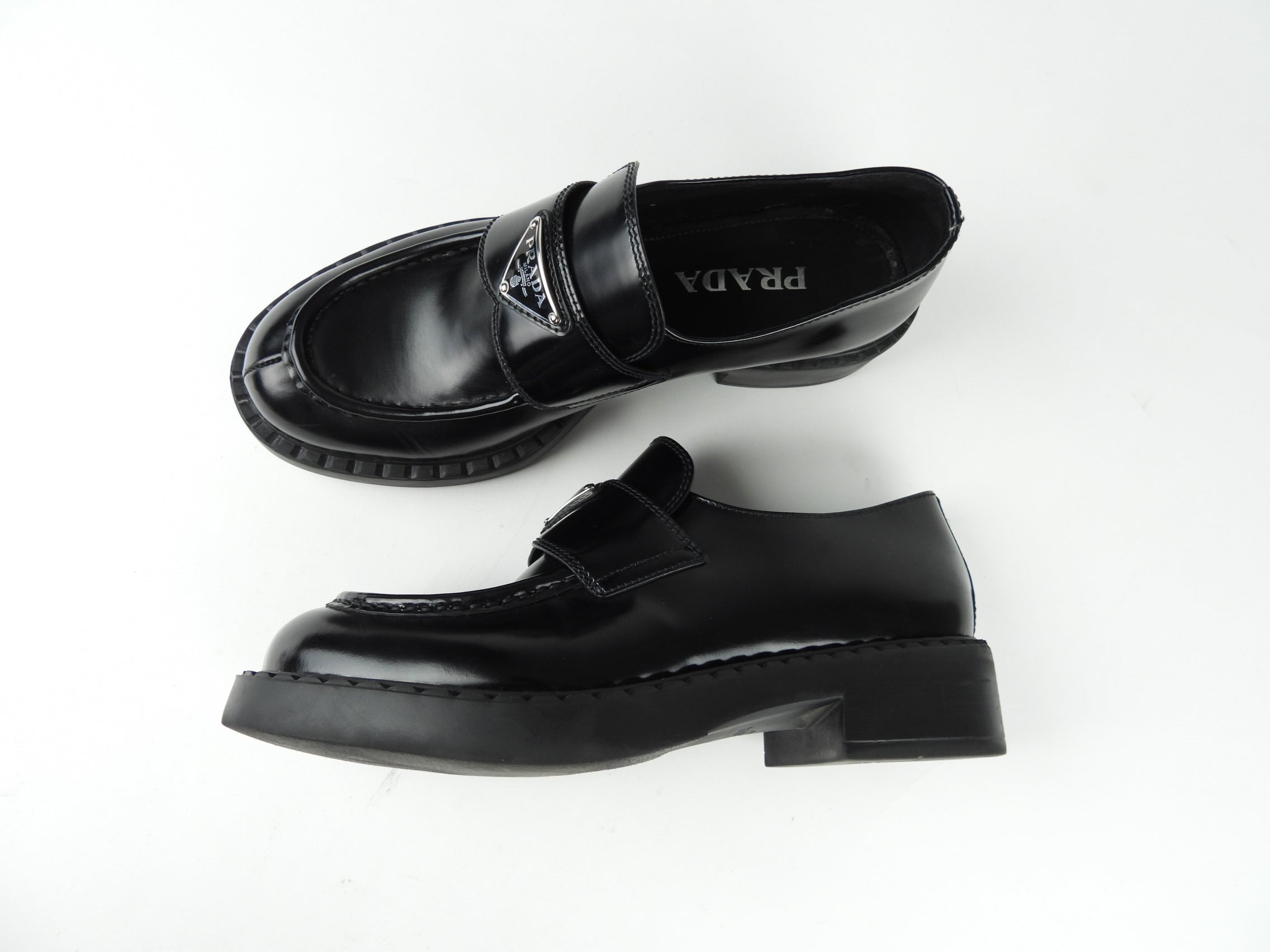 Prada Black Glossed Leather Logo Loafers - 8.5
