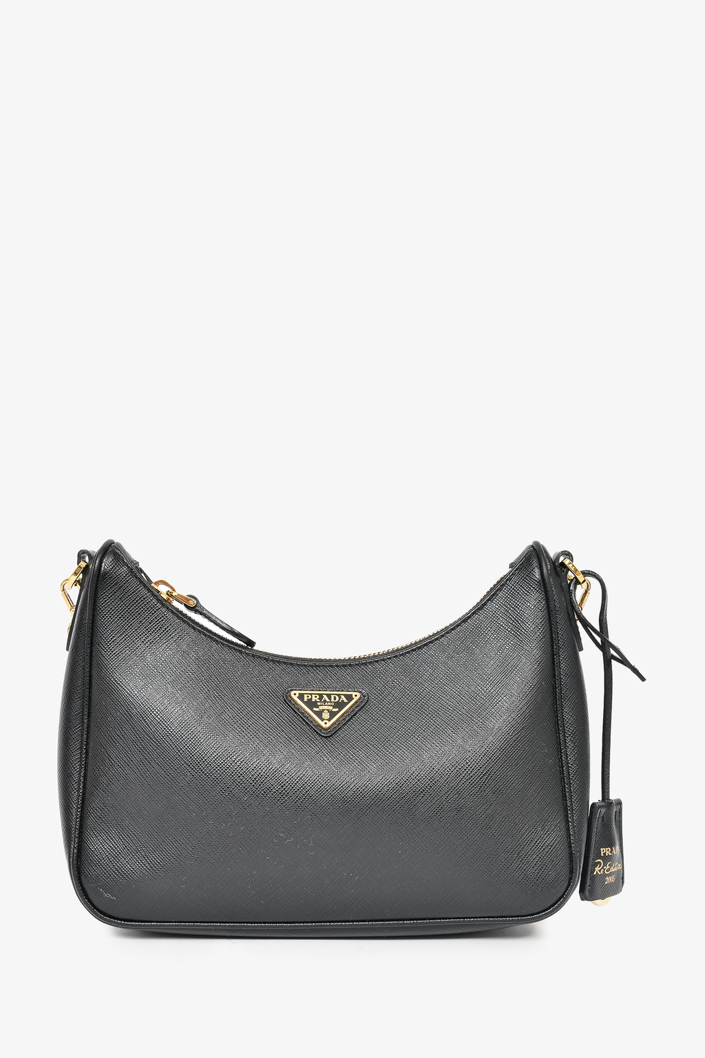 Prada Black Leather Saffiano Re-Edition Bag GHW w/ Strap & Pouch