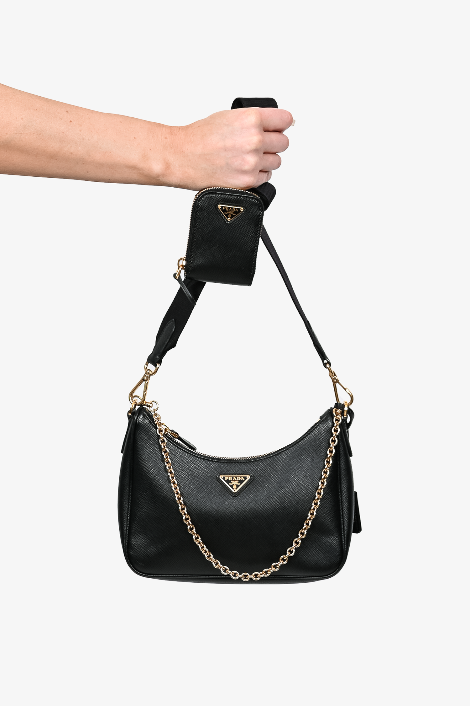 Prada Black Leather Saffiano Re-Edition Bag GHW w/ Strap & Pouch