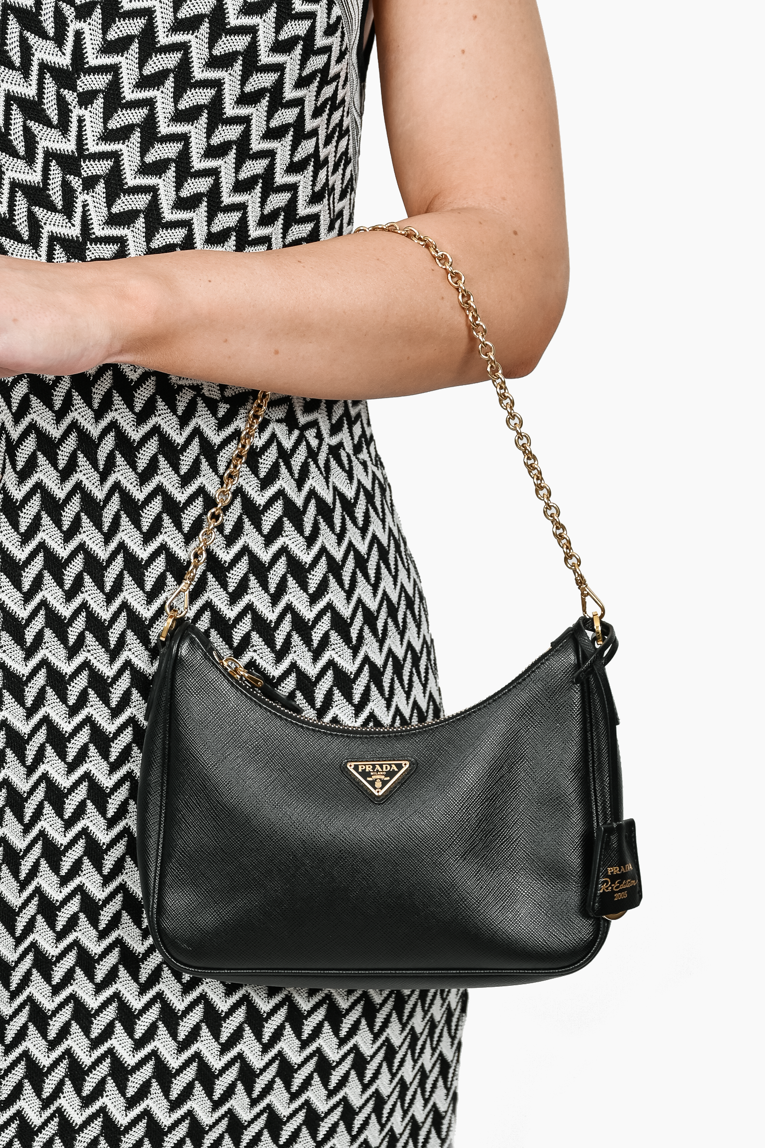 Prada Black Leather Saffiano Re-Edition Bag GHW w/ Strap & Pouch
