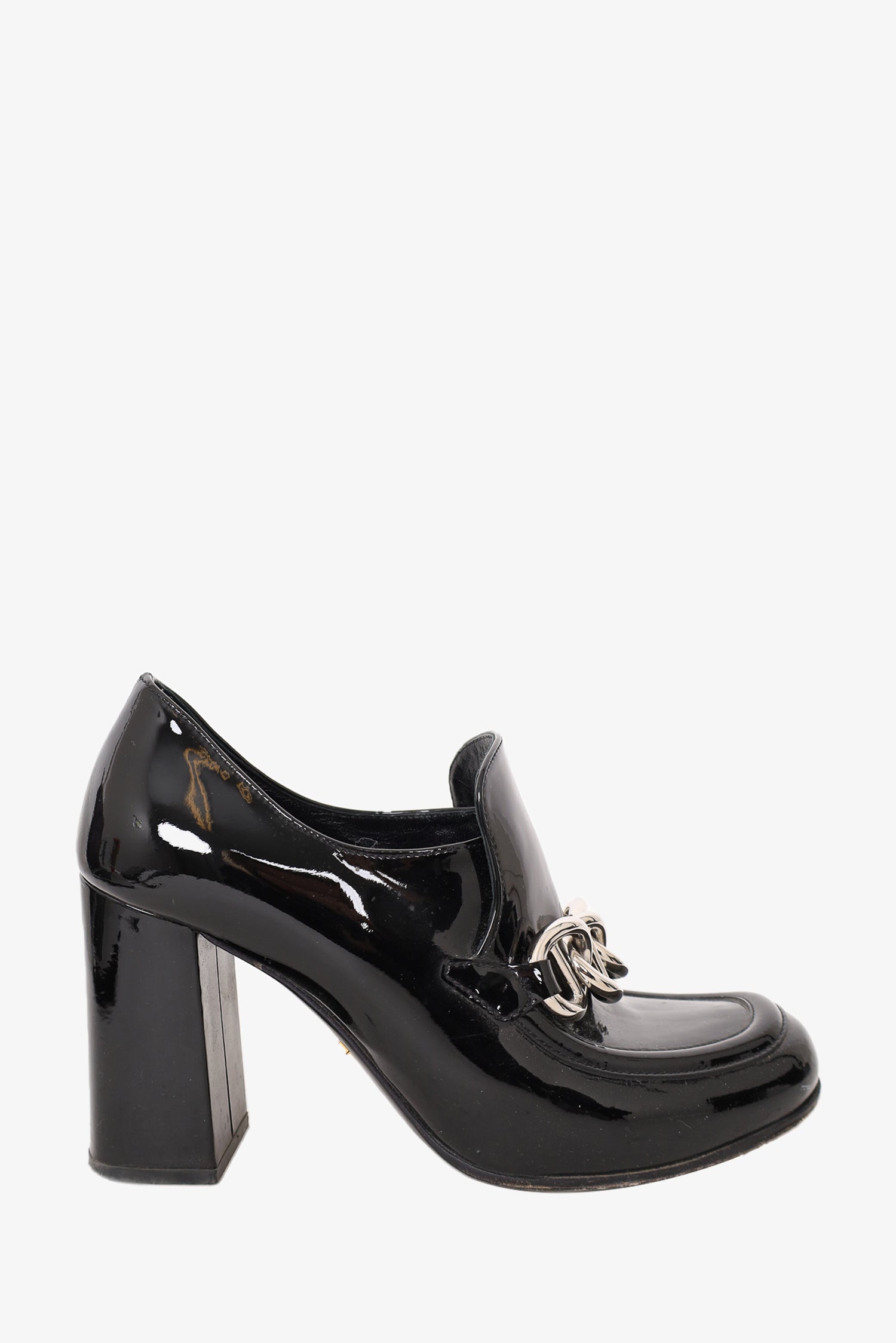 Prada Black Patent Leather Block Heel Loafer Size 35.5