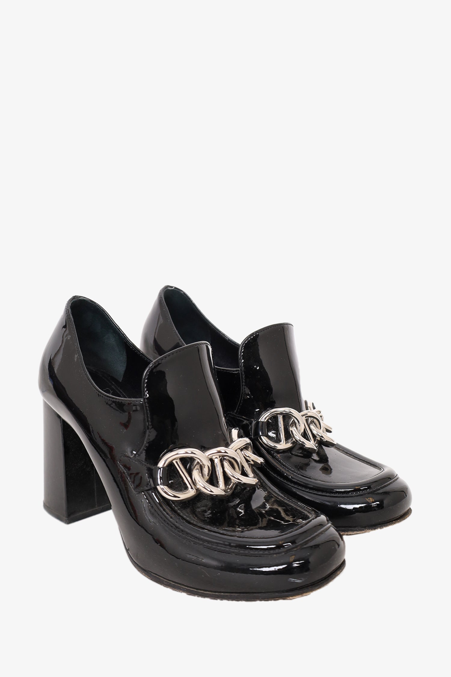 Prada Black Patent Leather Block Heel Loafer Size 35.5