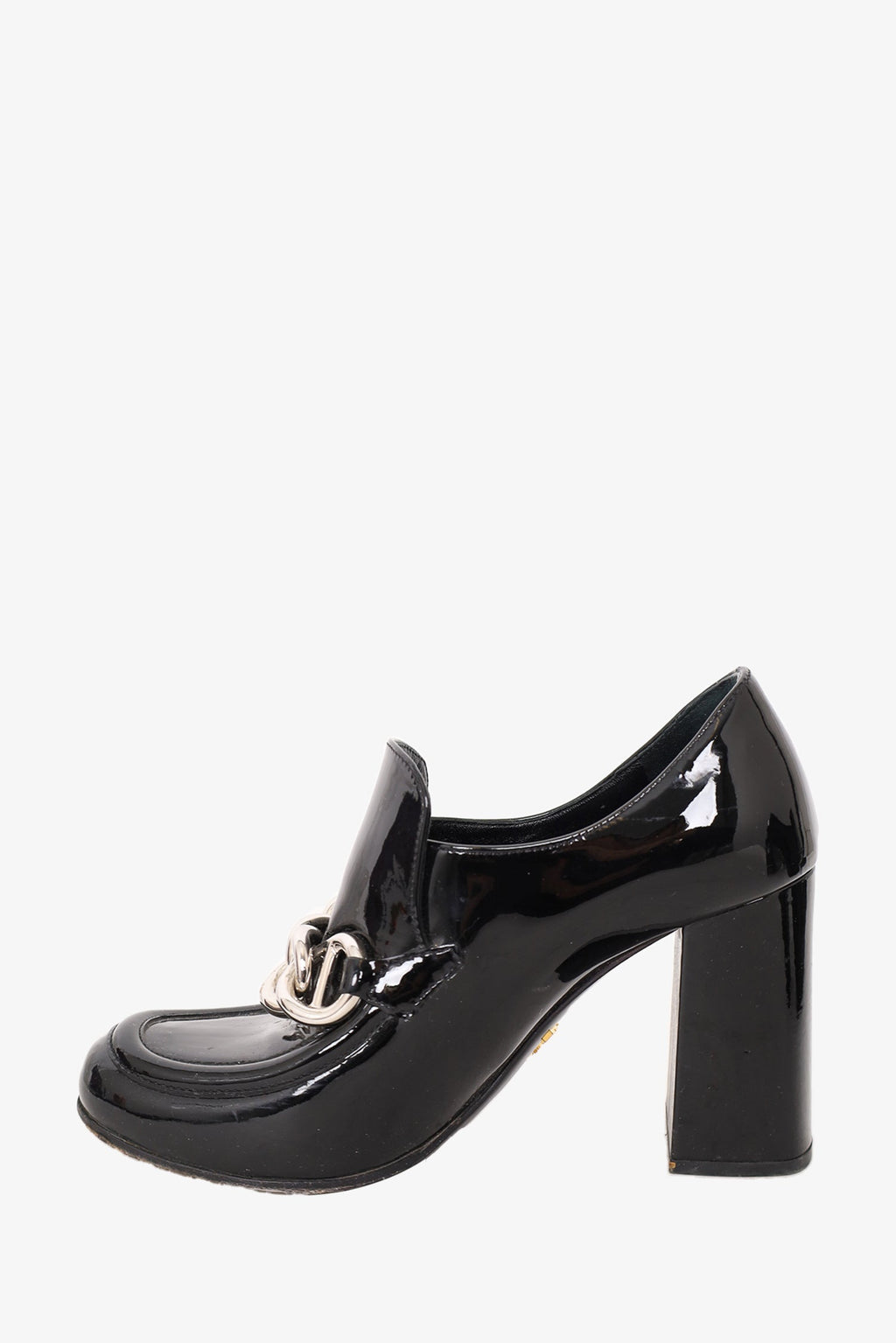 Prada Black Patent Leather Block Heel Loafer Size 35.5