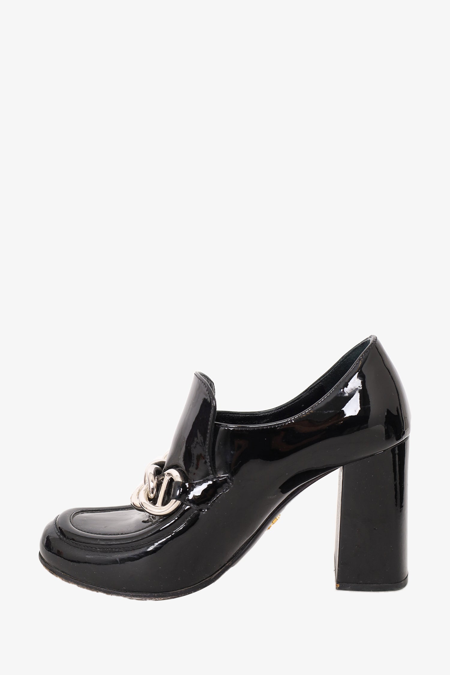 Prada Black Patent Leather Block Heel Loafer Size 35.5
