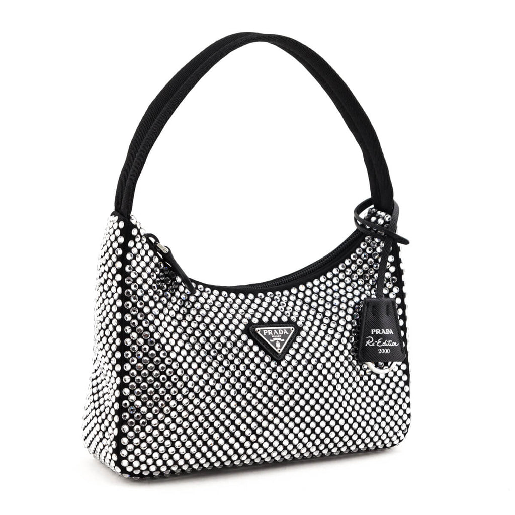 Prada Black Satin & Crystal Mini Re-Edition 2000 Bag