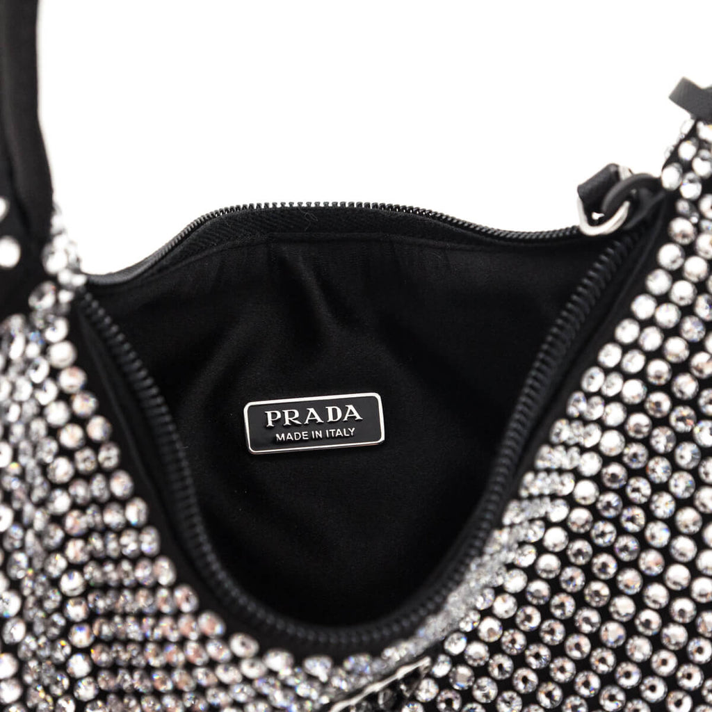 Prada Black Satin & Crystal Mini Re-Edition 2000 Bag