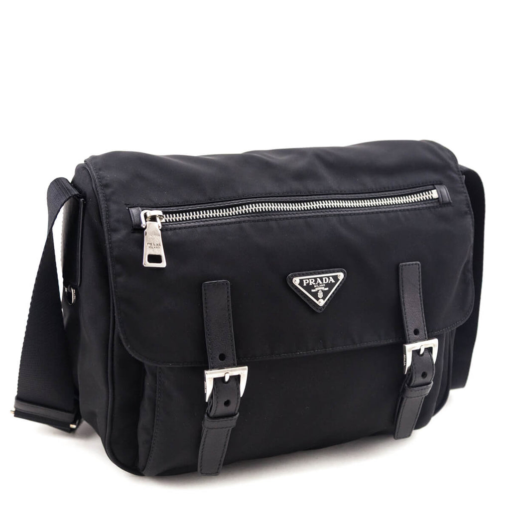 Prada Black Tessuto Nylon Double Buckle Small Messenger Bag