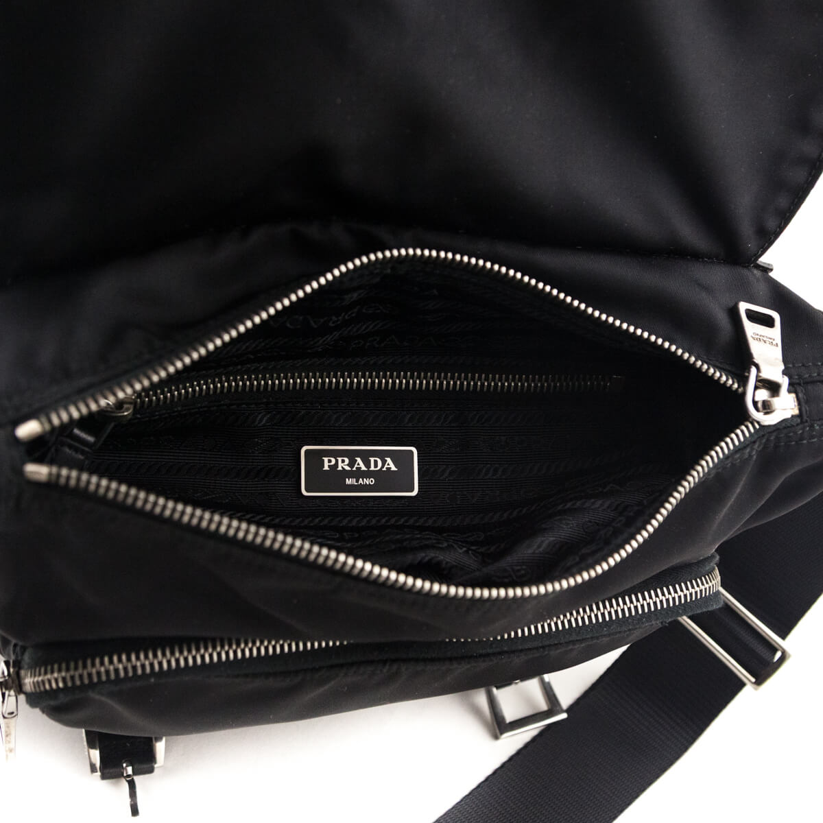 Prada Black Tessuto Nylon Double Buckle Small Messenger Bag