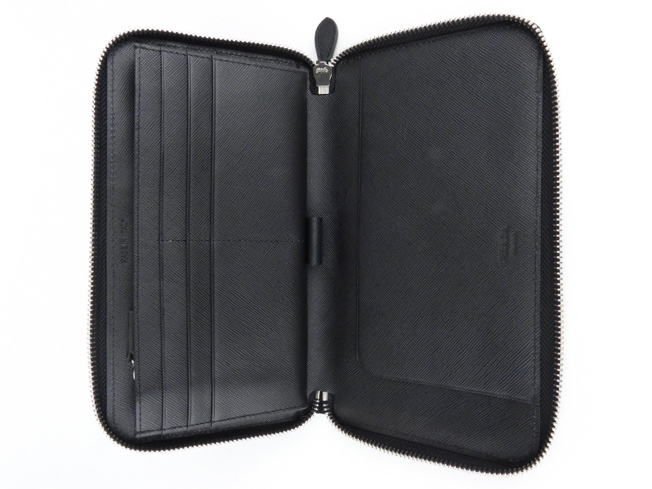 Prada Black Tessuto Nylon and Saffiano Leather Large Travel Organizer Zip Wallet