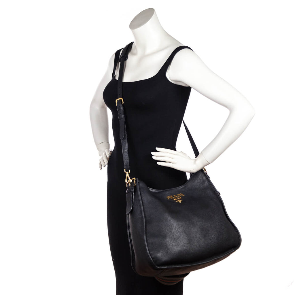 Prada Black Vitello Daino Hobo