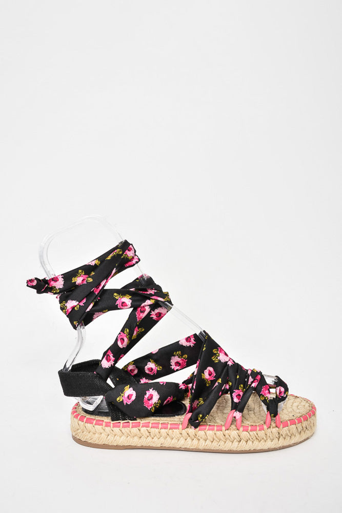 Prada Black/Pink Floral Satin Tie Up Espadrille Sandals Size 37.5