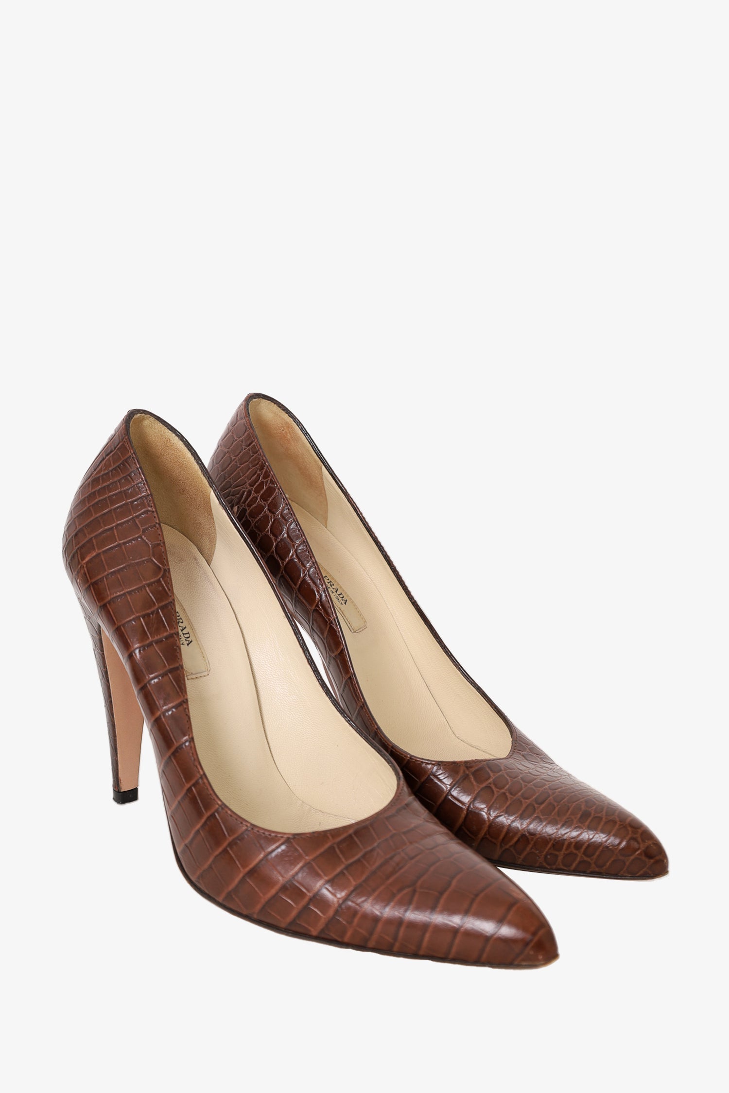 Prada Brown Croc Embellished Point Toe Heels Size 37