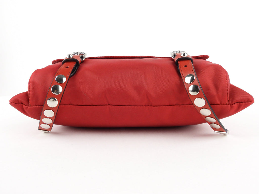 Prada Cherry Red Tessuto Nylon New Vela Studded Shoulder Bag