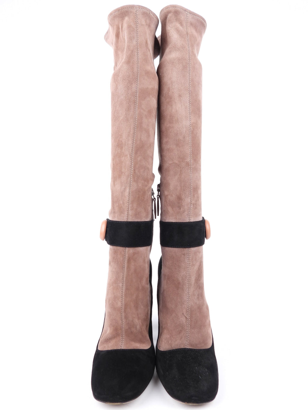 Prada Dusty Rose and Black Bi-Color Suede Leather Knee High Block Heel Boots - 39