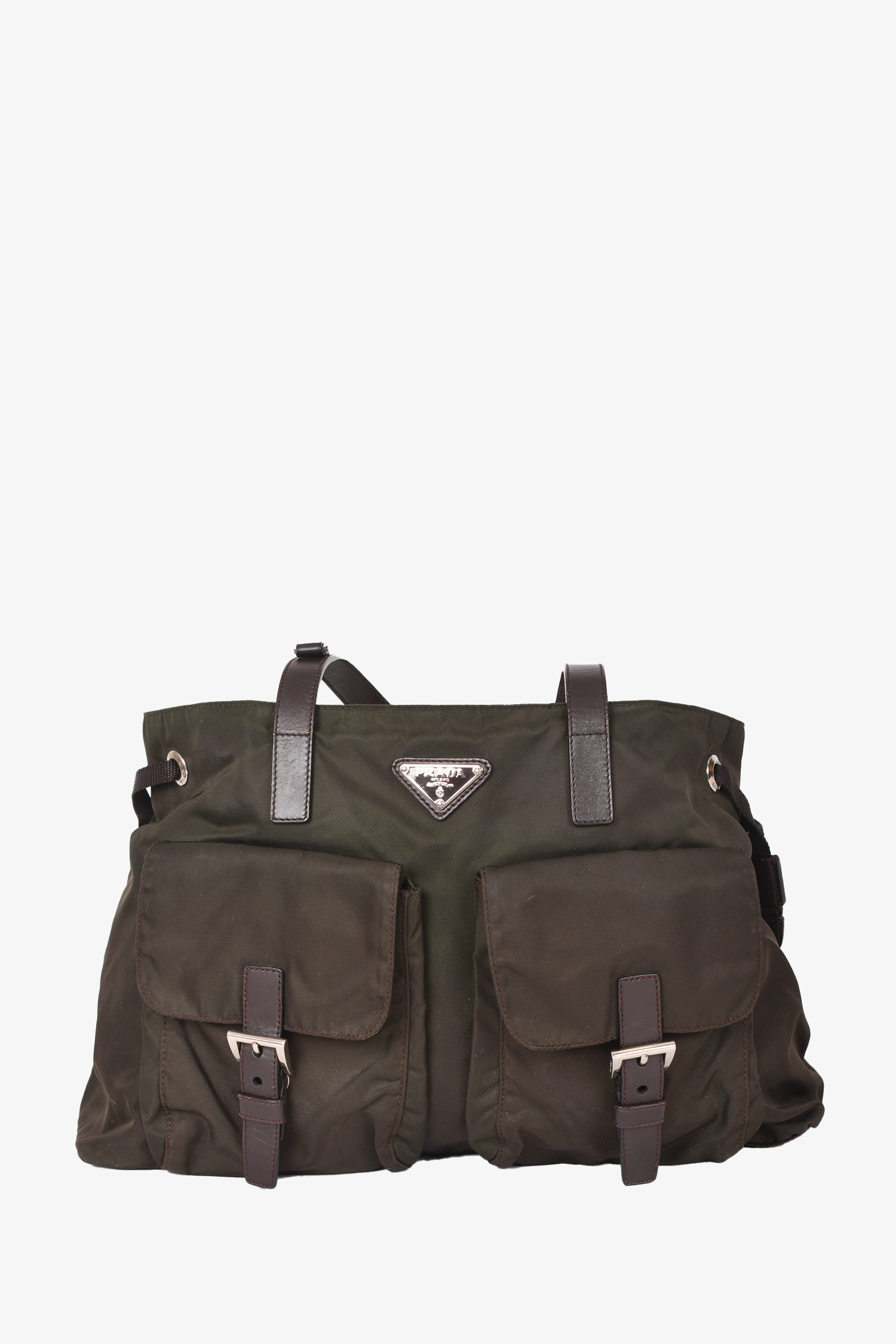 Prada Green/Brown Nylon Tessuto Double Pocket Tote Bag