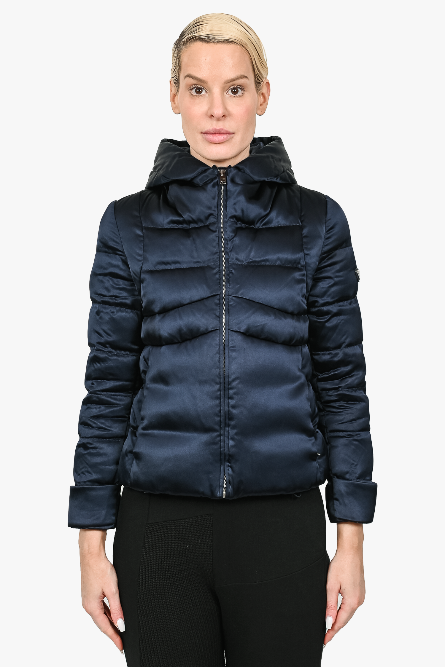 Prada Navy Blue Satin Hooded Down Jacket Size 38