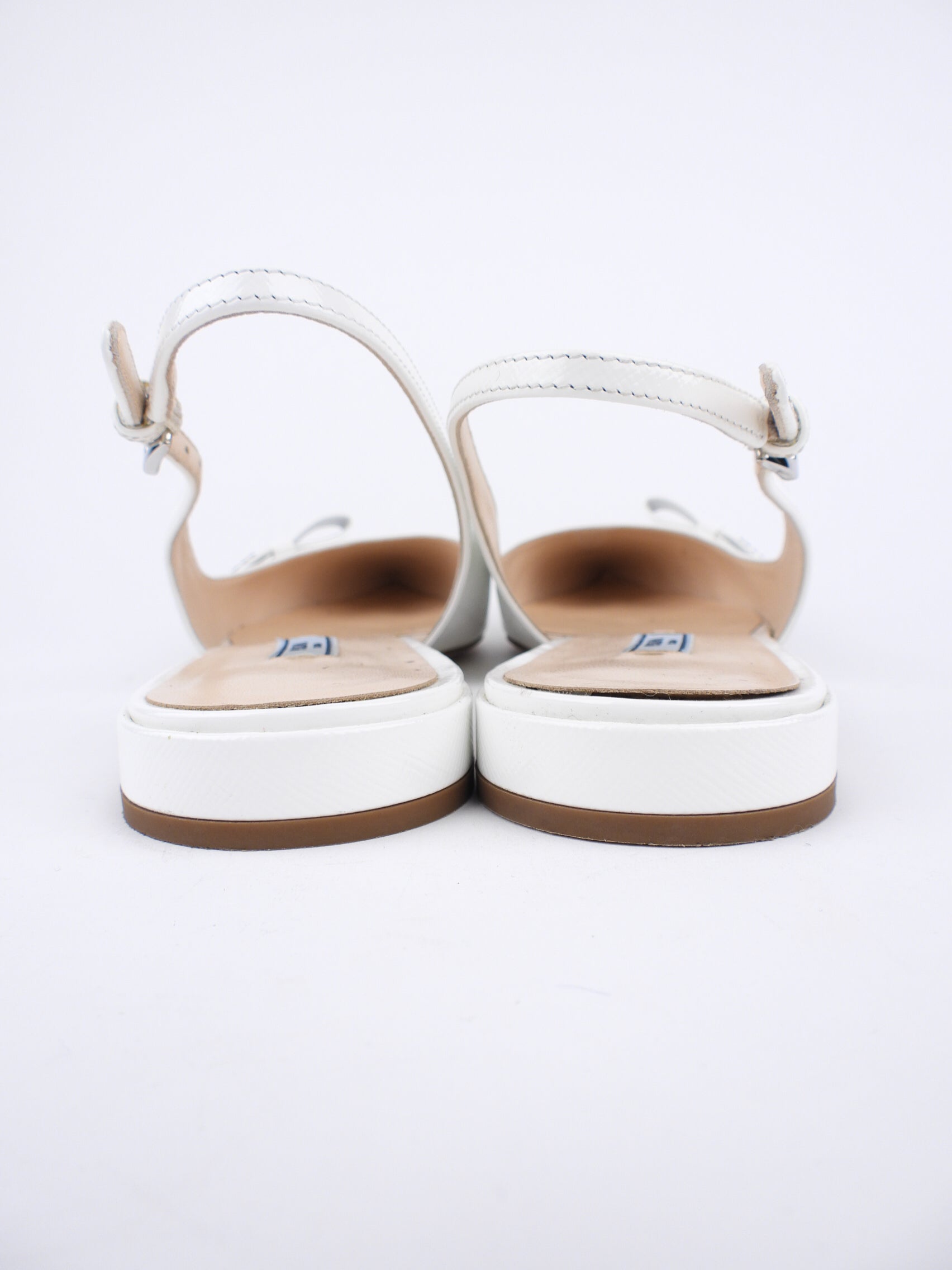 Prada White Shiny Saffiano Leather Bow Accent Slingback Pointed Flats - 40
