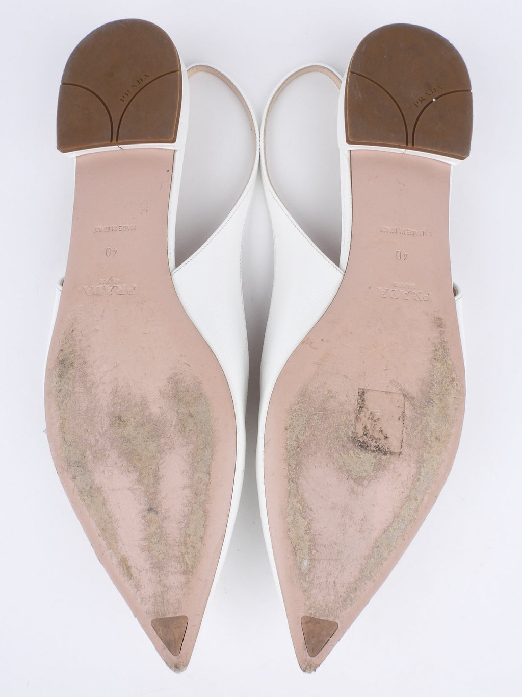Prada White Shiny Saffiano Leather Bow Accent Slingback Pointed Flats - 40