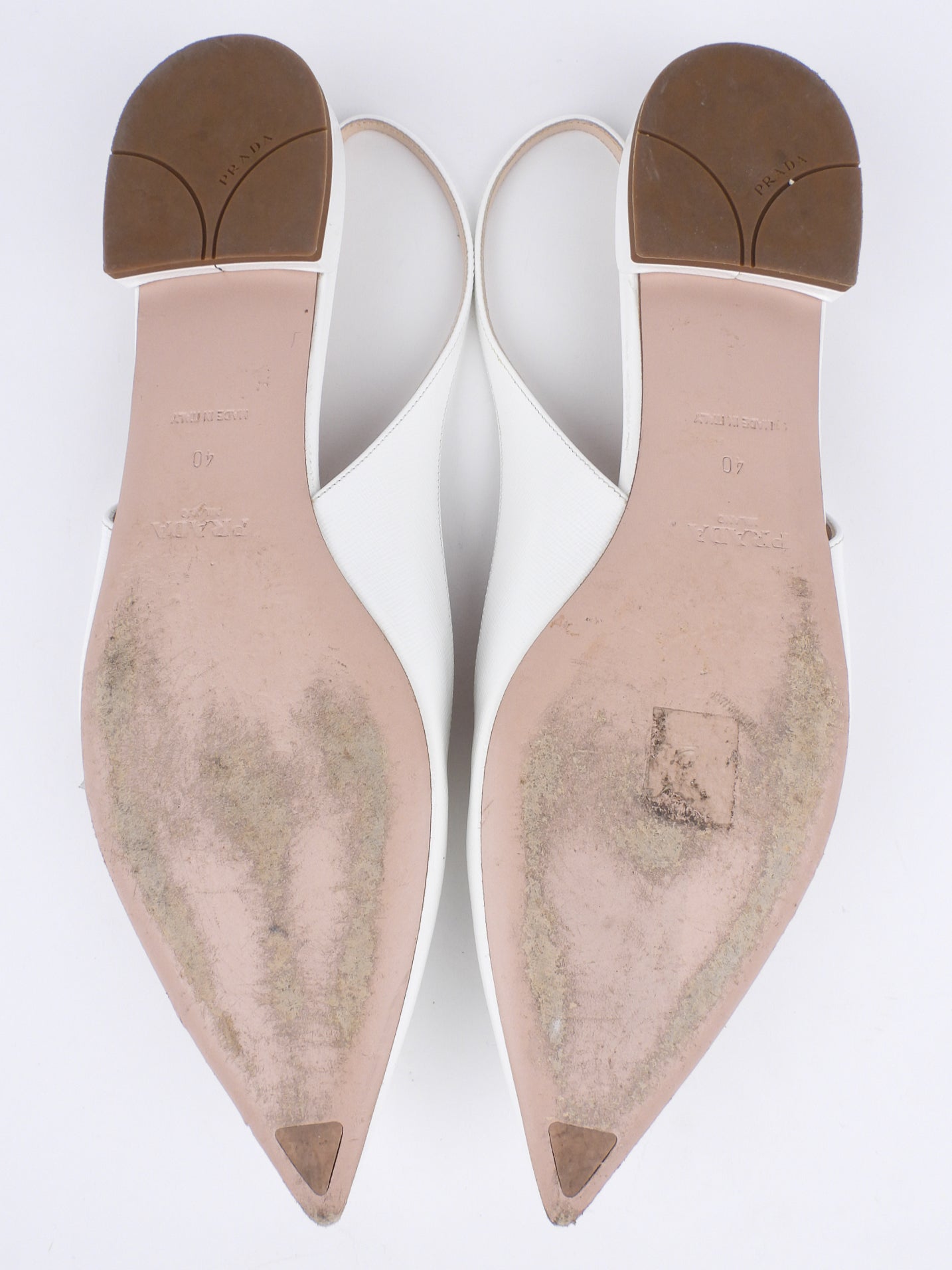 Prada White Shiny Saffiano Leather Bow Accent Slingback Pointed Flats - 40