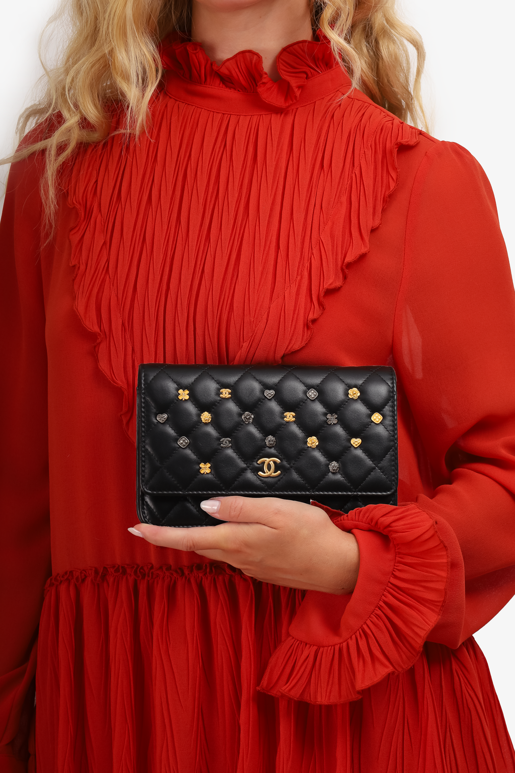 Pre-Loved Chanel™ 2018-19 Black Lambskin Quilted Studded Lucky Charm Wallet On Chain