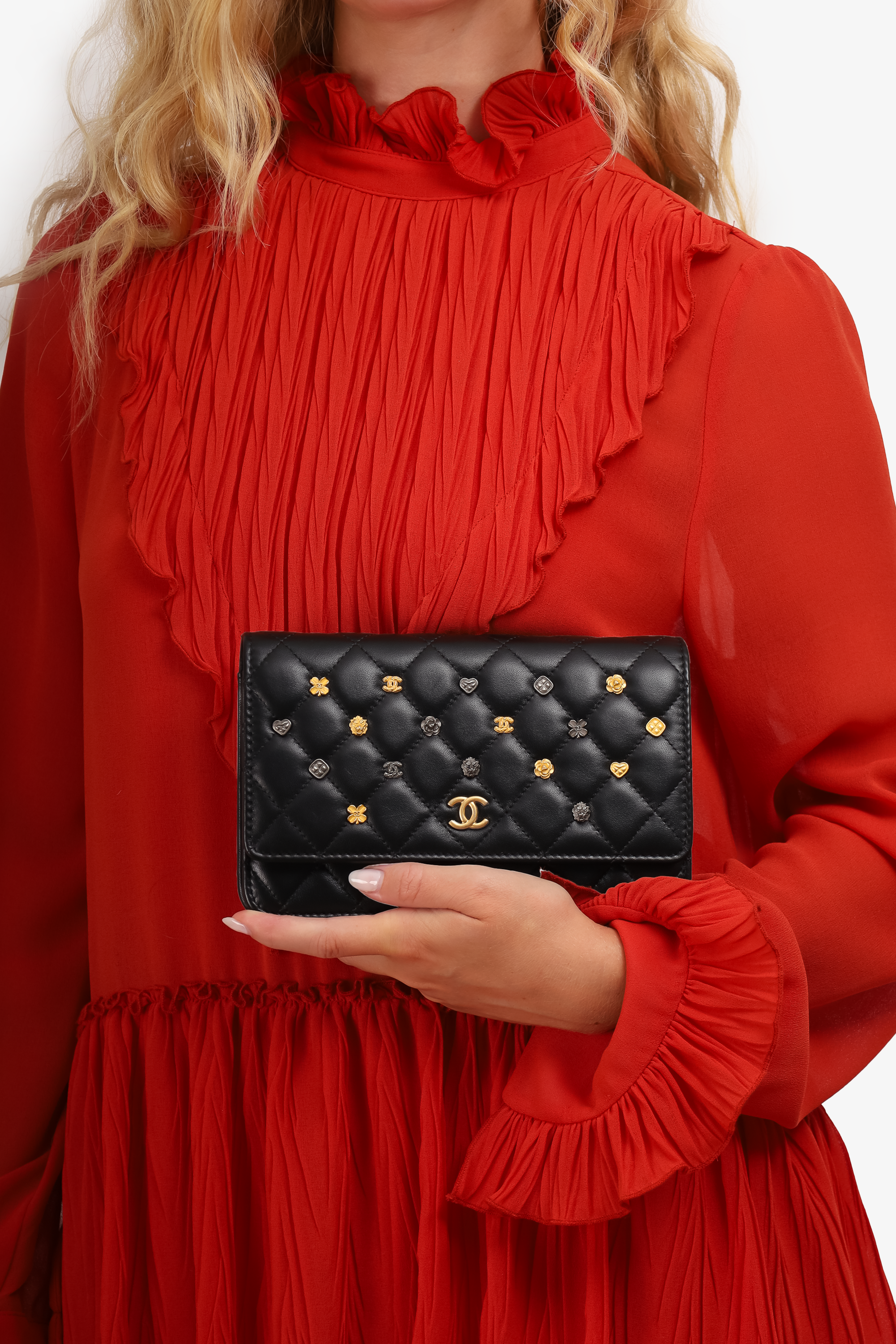 Pre-Loved Chanel™ 2018-19 Black Lambskin Quilted Studded Lucky Charm Wallet On Chain