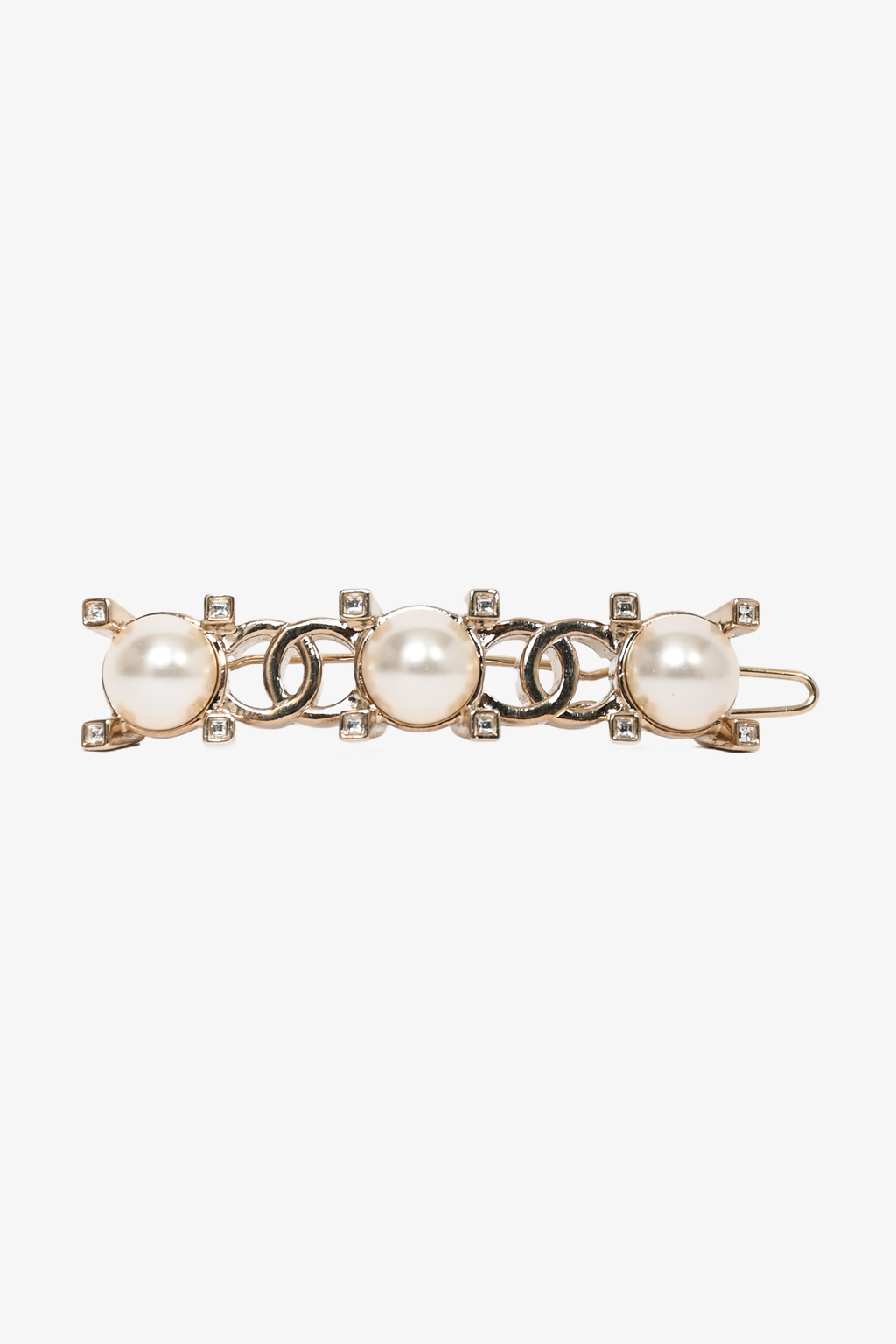 Pre-Loved Chanel™ 2021 Gold tone Faux Pearl Crystal Embellished Hair Clip