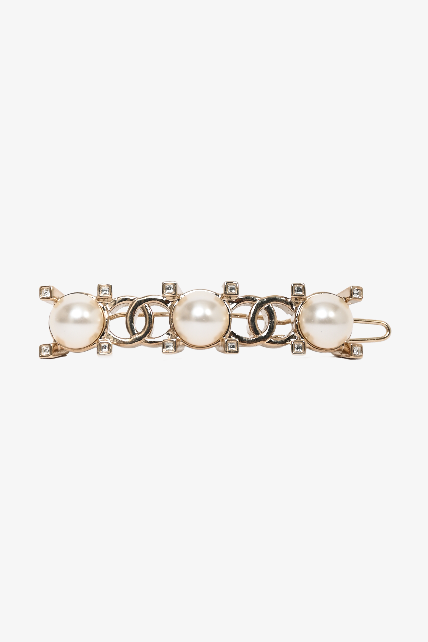 Pre-Loved Chanel™ 2021 Gold tone Faux Pearl Crystal Embellished Hair Clip