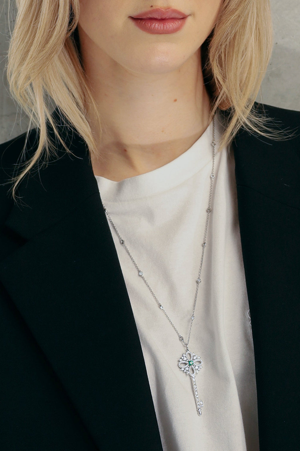Tiffany & Co. Platinum Diamond Emerald Victoria Key Pendant on Diamond Station Chain