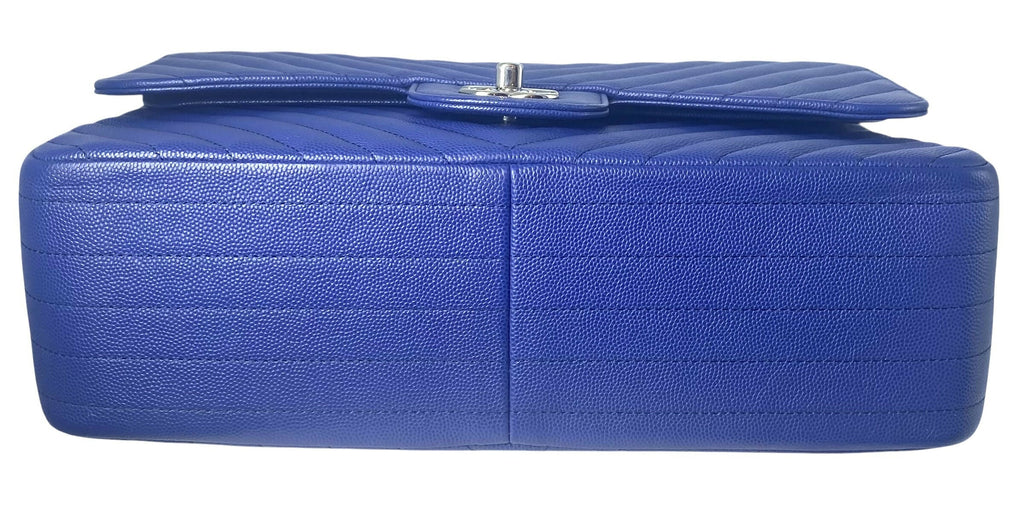 Chanel 2019 Bright Blue Caviar Chevron Quilted Jumbo Double Flap Timeless Classic Bag SHW