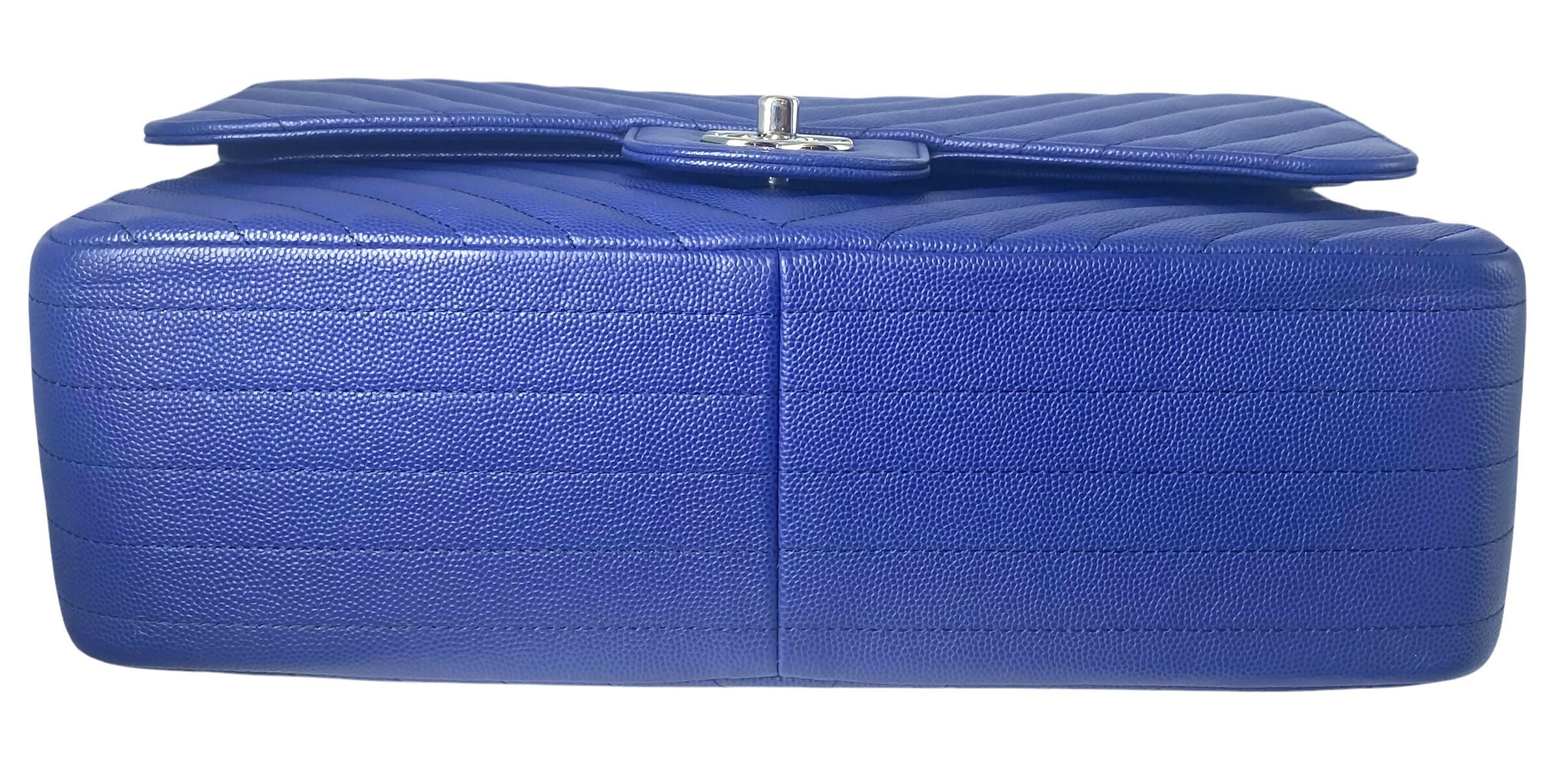 Chanel 2019 Bright Blue Caviar Chevron Quilted Jumbo Double Flap Timeless Classic Bag SHW