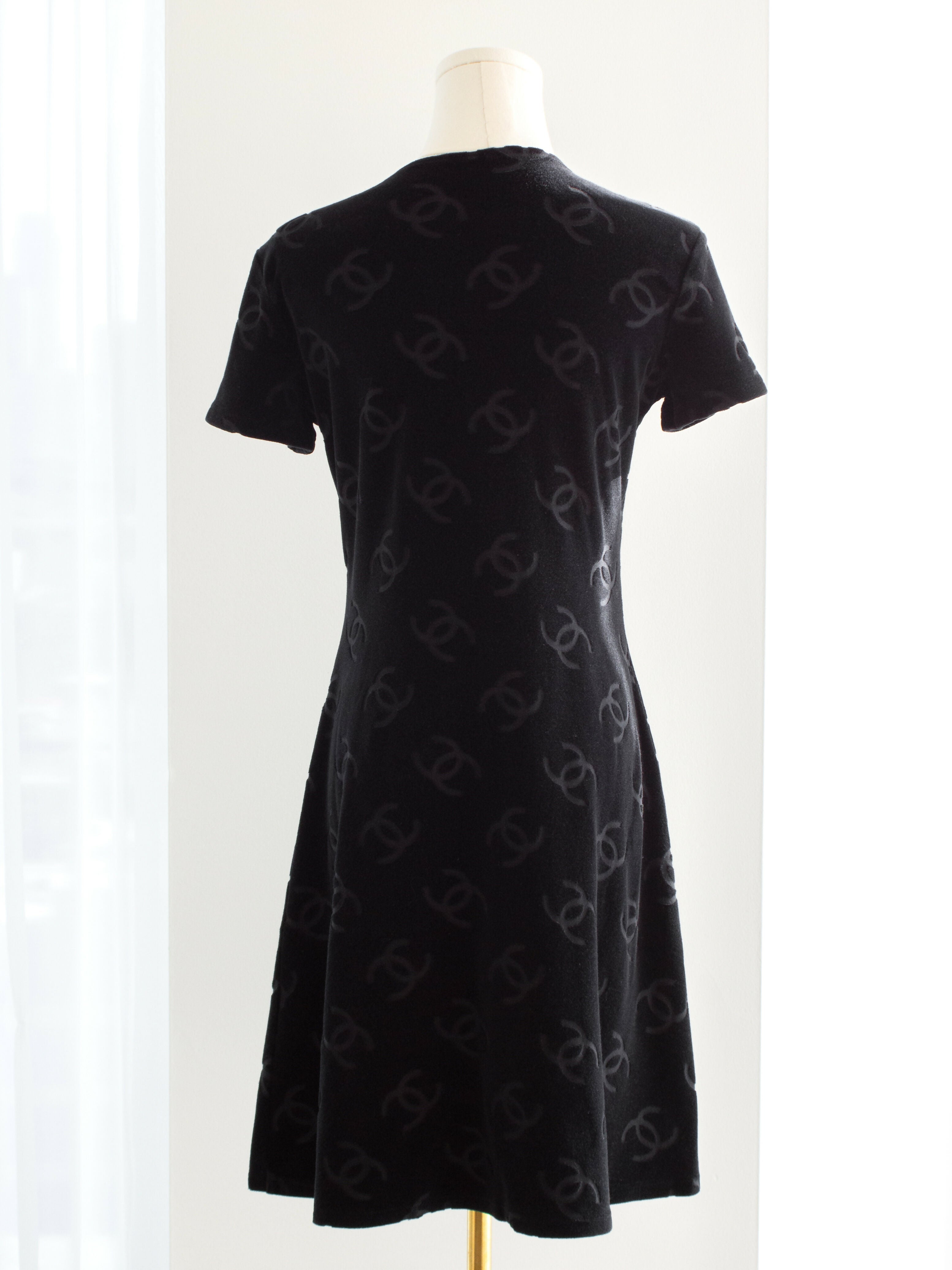 Chanel Vintage S/S1996 Black CC Logo Velour 96P LBD Mini Dress