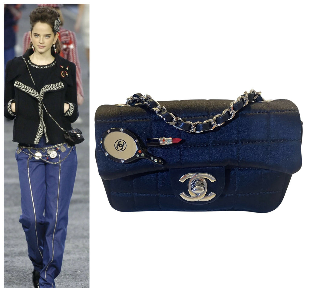 Chanel 04A Black Satin Mini Micro Square Quilted Lipstick Mirror Charm Flap Bag