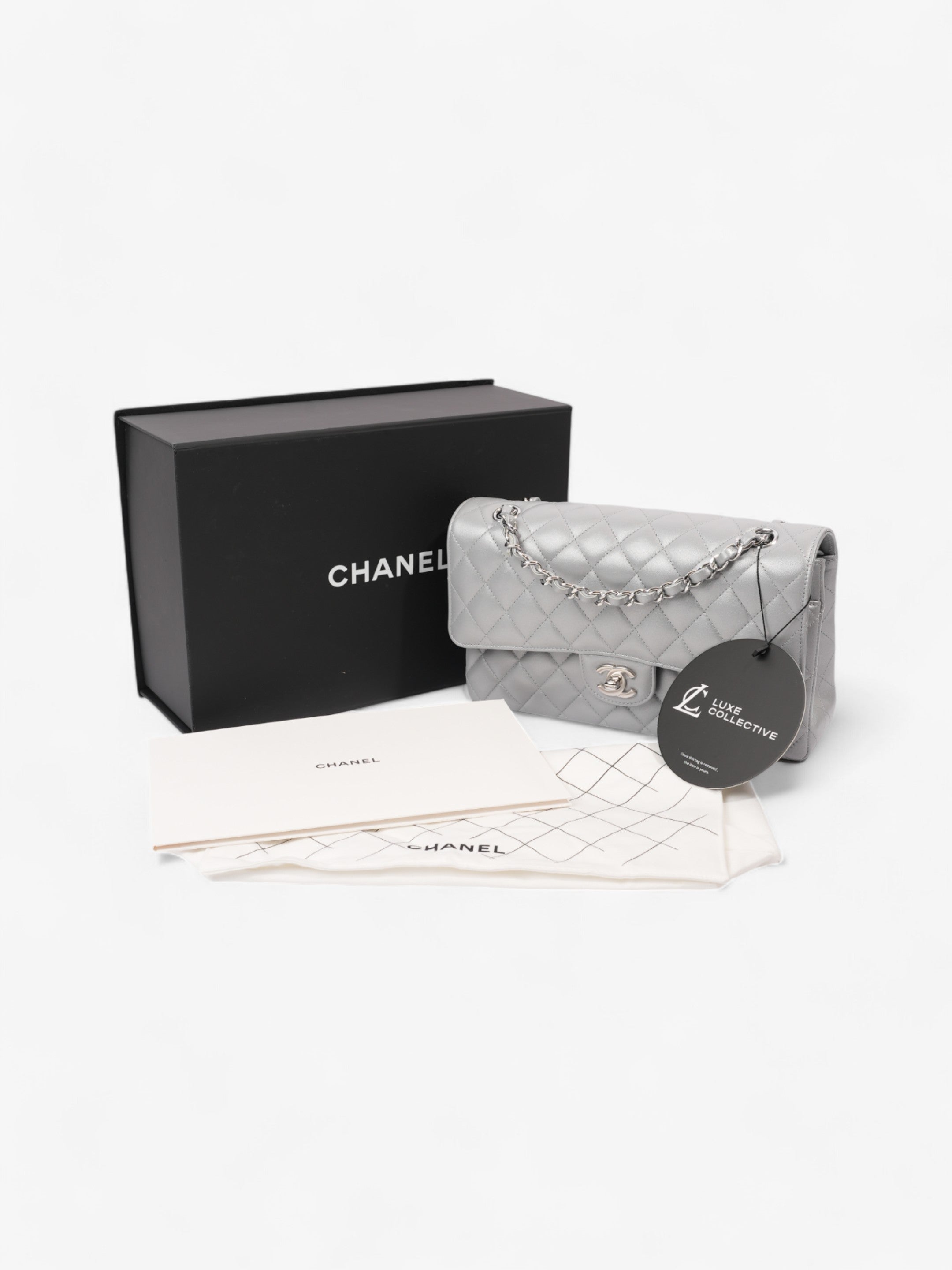 Chanel Classic Double Flap Silver Lambskin Leather Medium