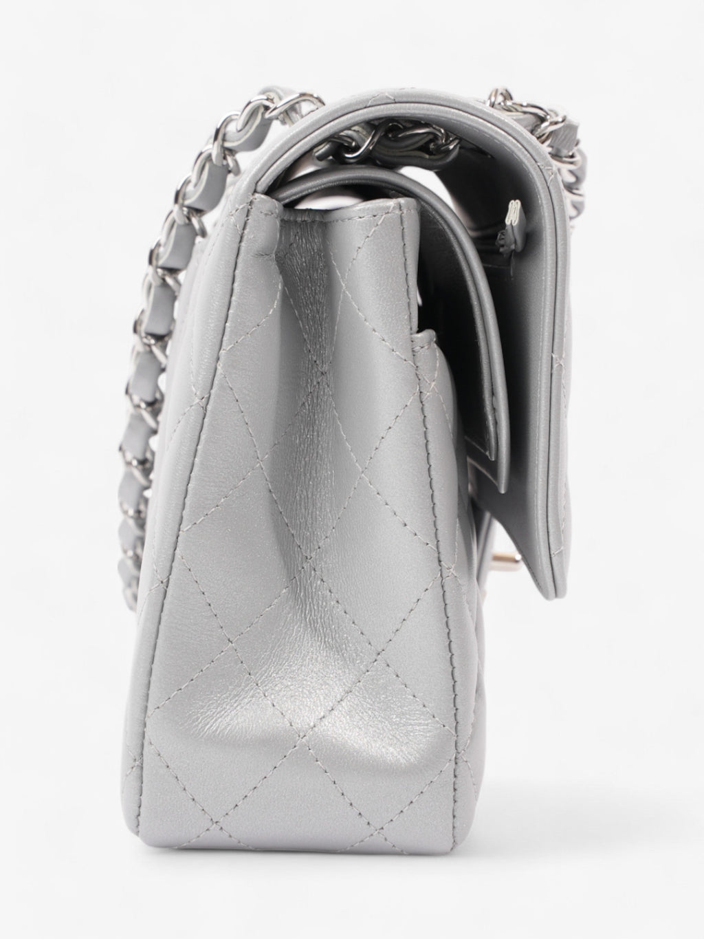 Chanel Classic Double Flap Silver Lambskin Leather Medium