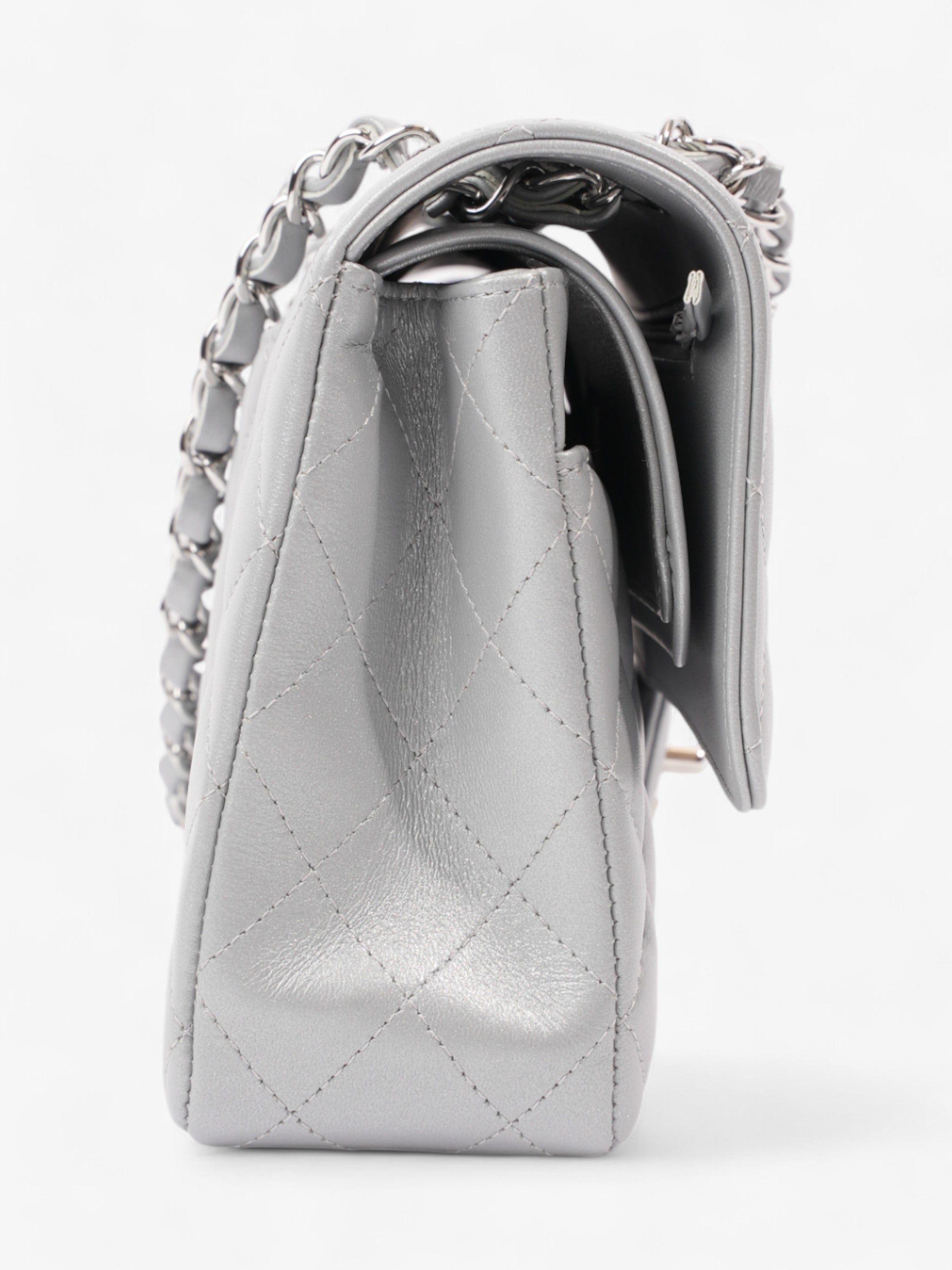 Chanel Classic Double Flap Silver Lambskin Leather Medium