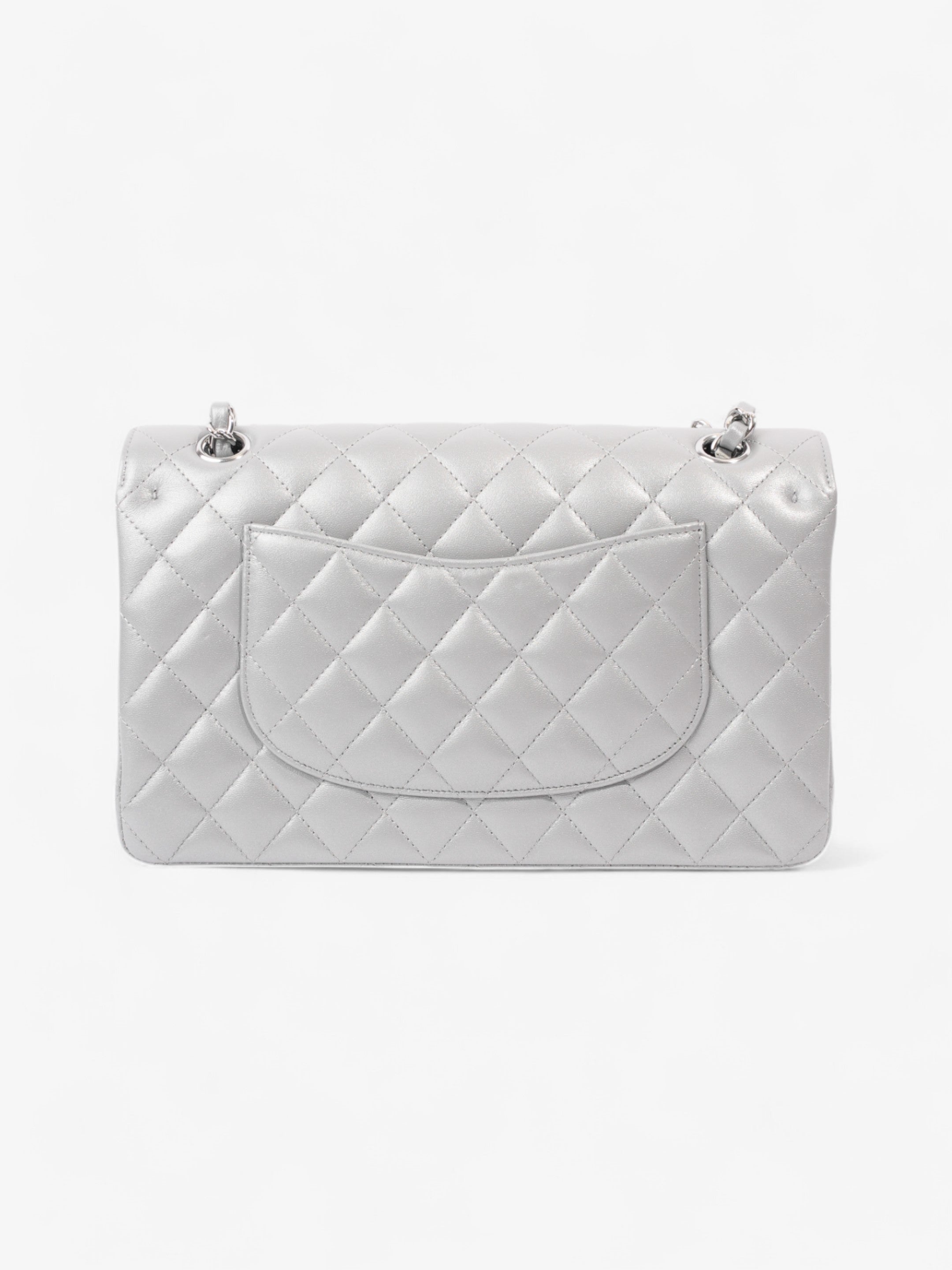 Chanel Classic Double Flap Silver Lambskin Leather Medium