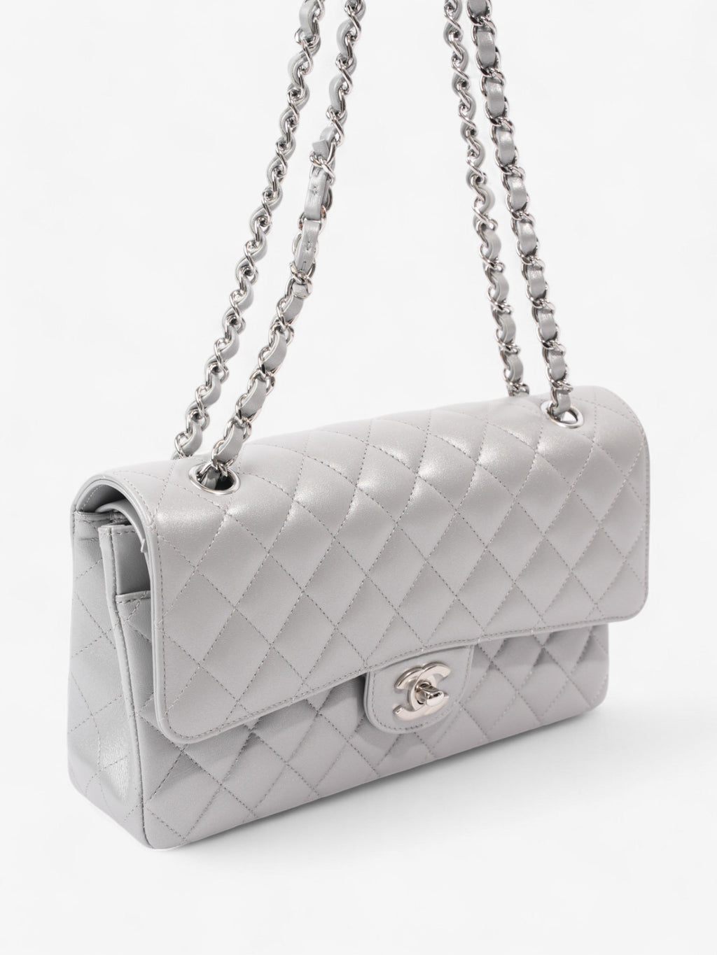 Chanel Classic Double Flap Silver Lambskin Leather Medium