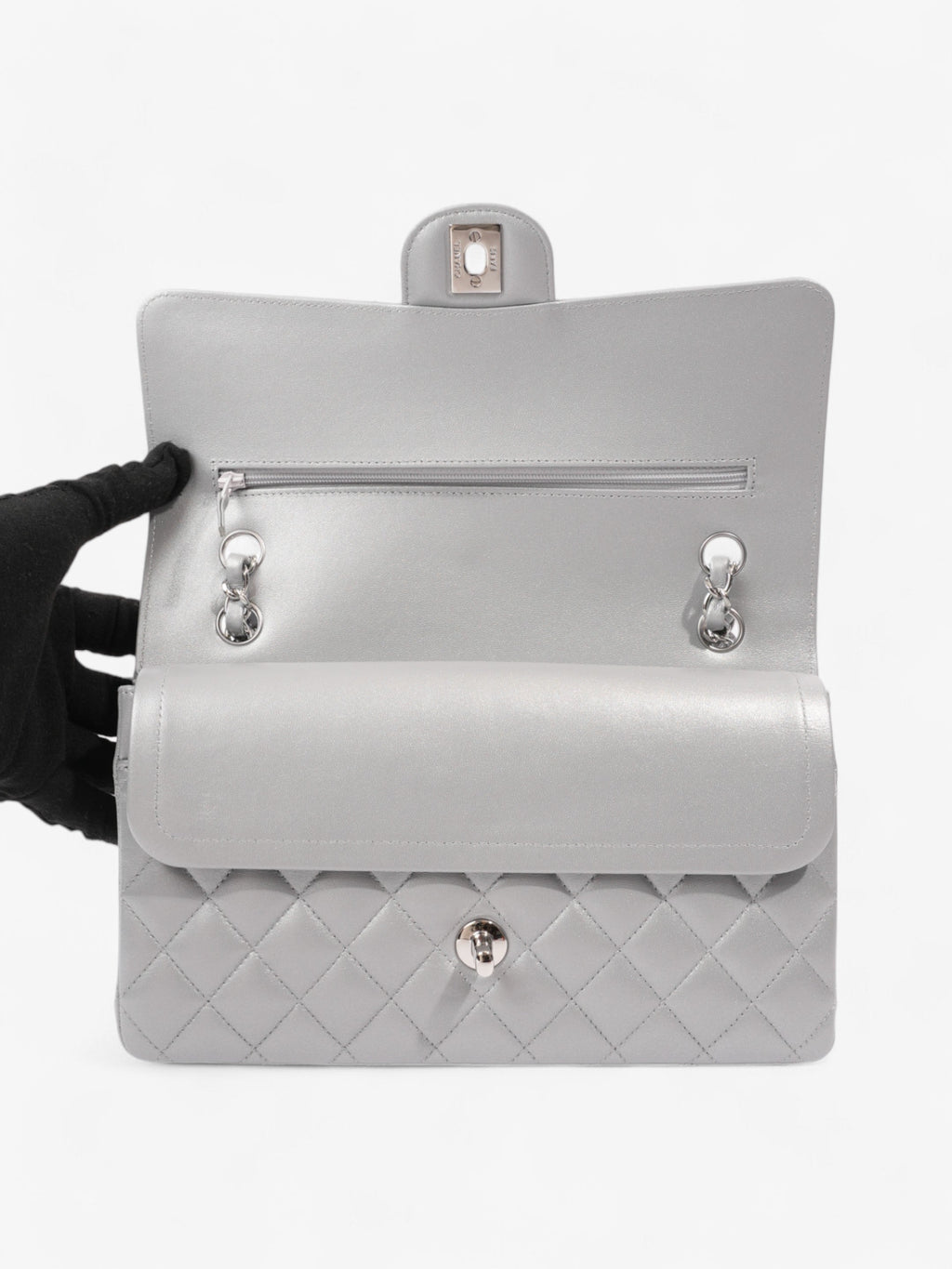 Chanel Classic Double Flap Silver Lambskin Leather Medium