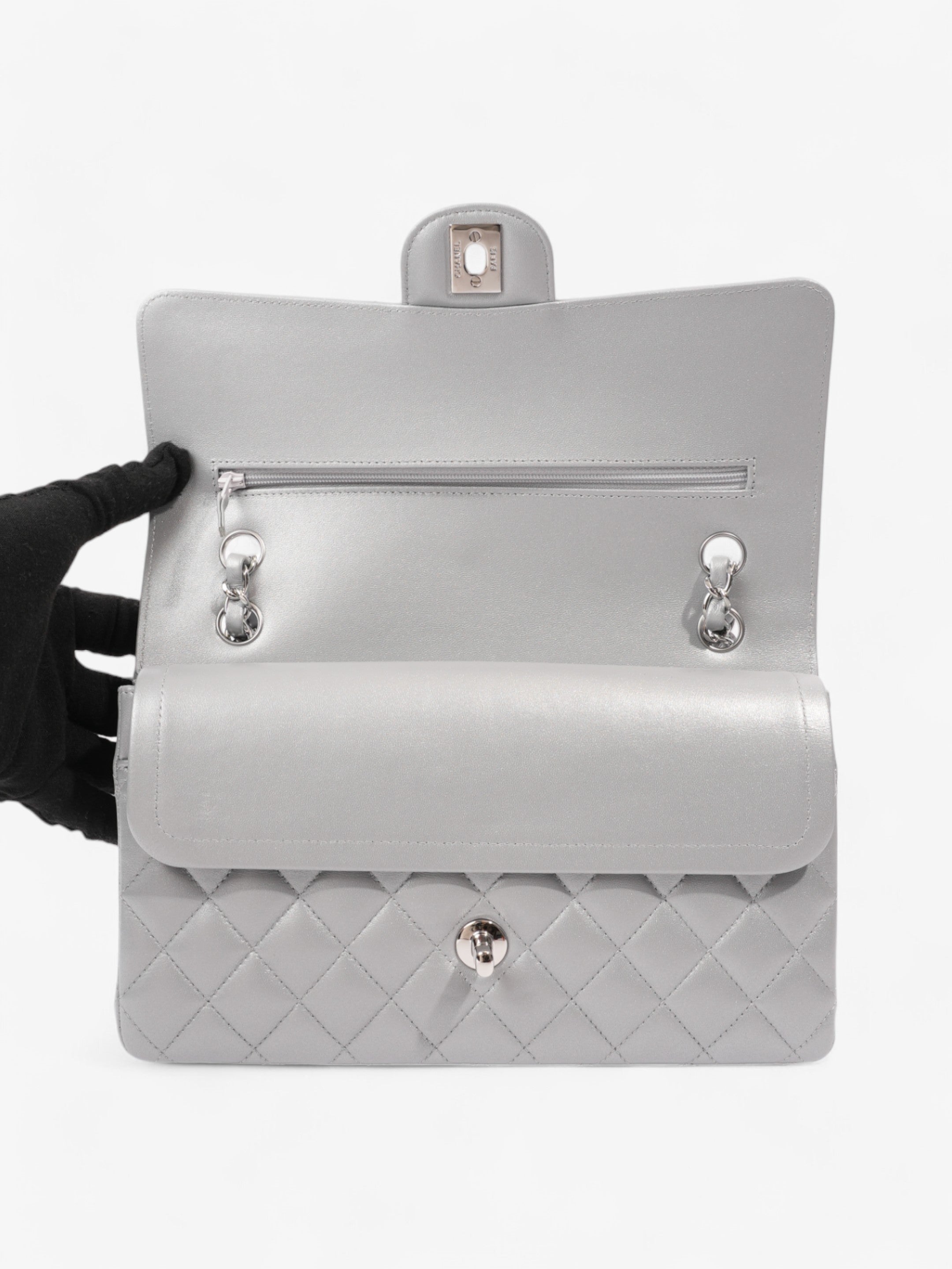 Chanel Classic Double Flap Silver Lambskin Leather Medium