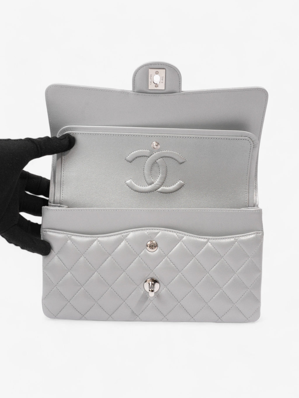 Chanel Classic Double Flap Silver Lambskin Leather Medium