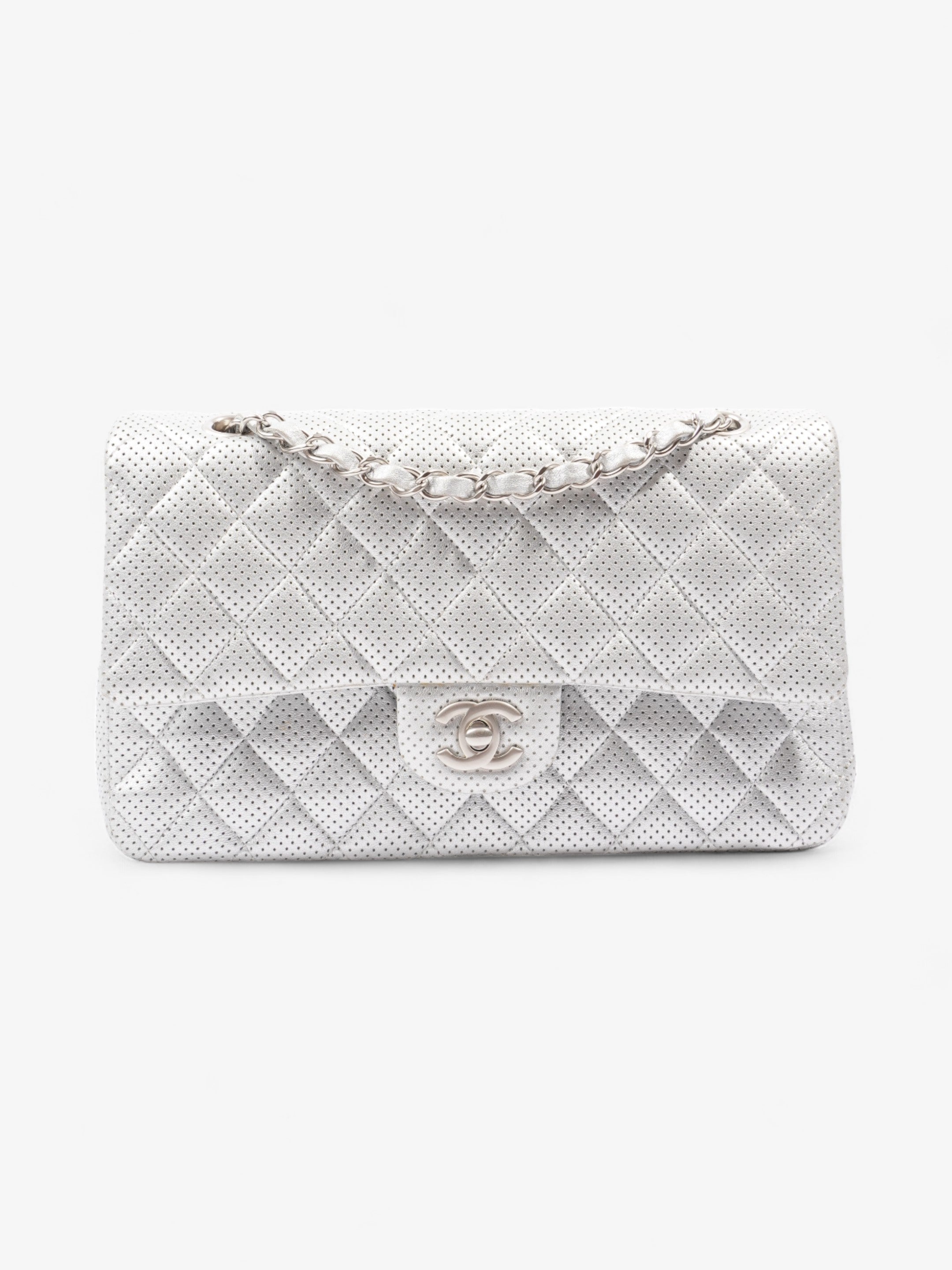 Chanel Classic Double Flap Silver Calfskin Leather Medium