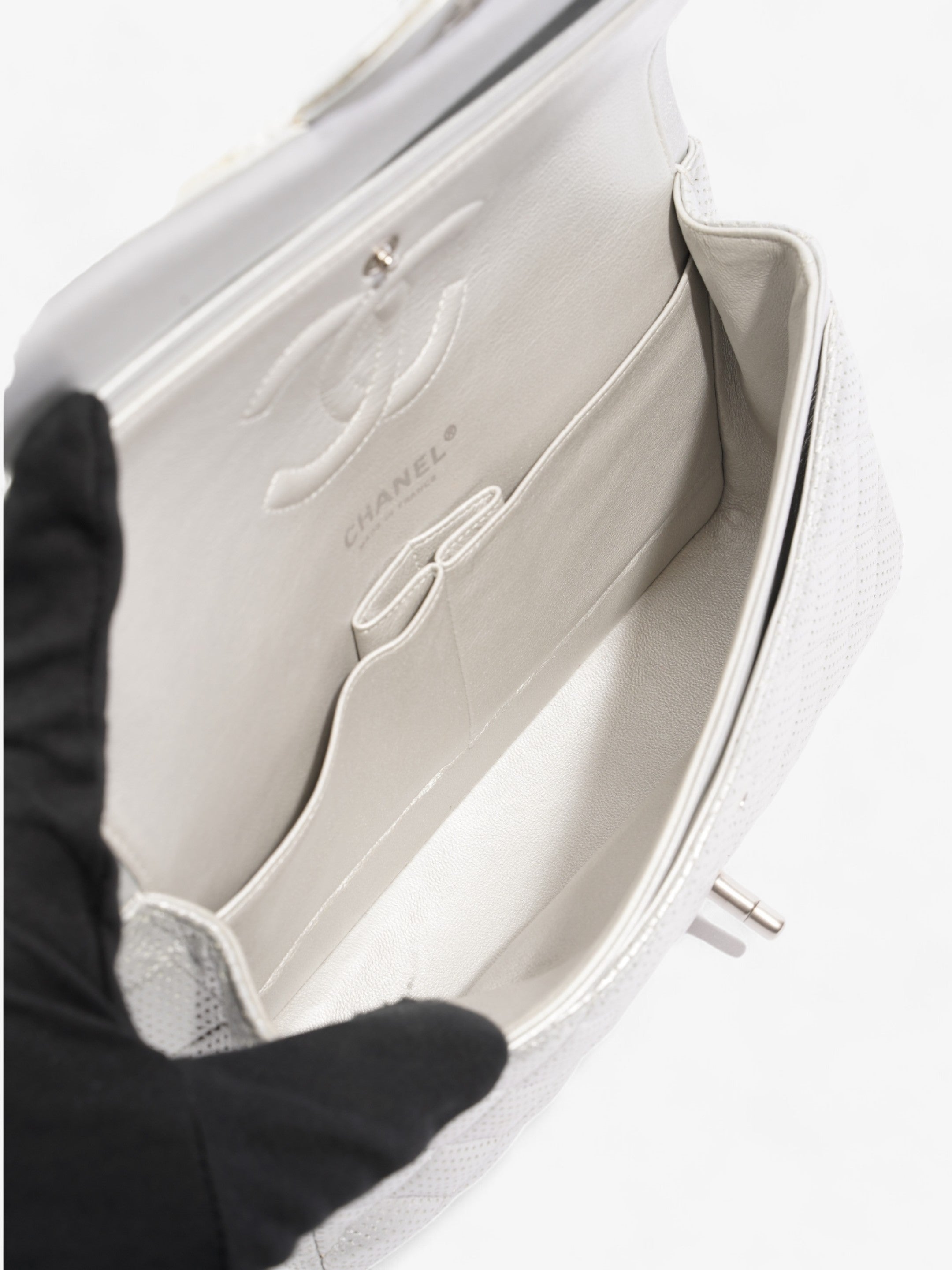 Chanel Classic Double Flap Silver Calfskin Leather Medium