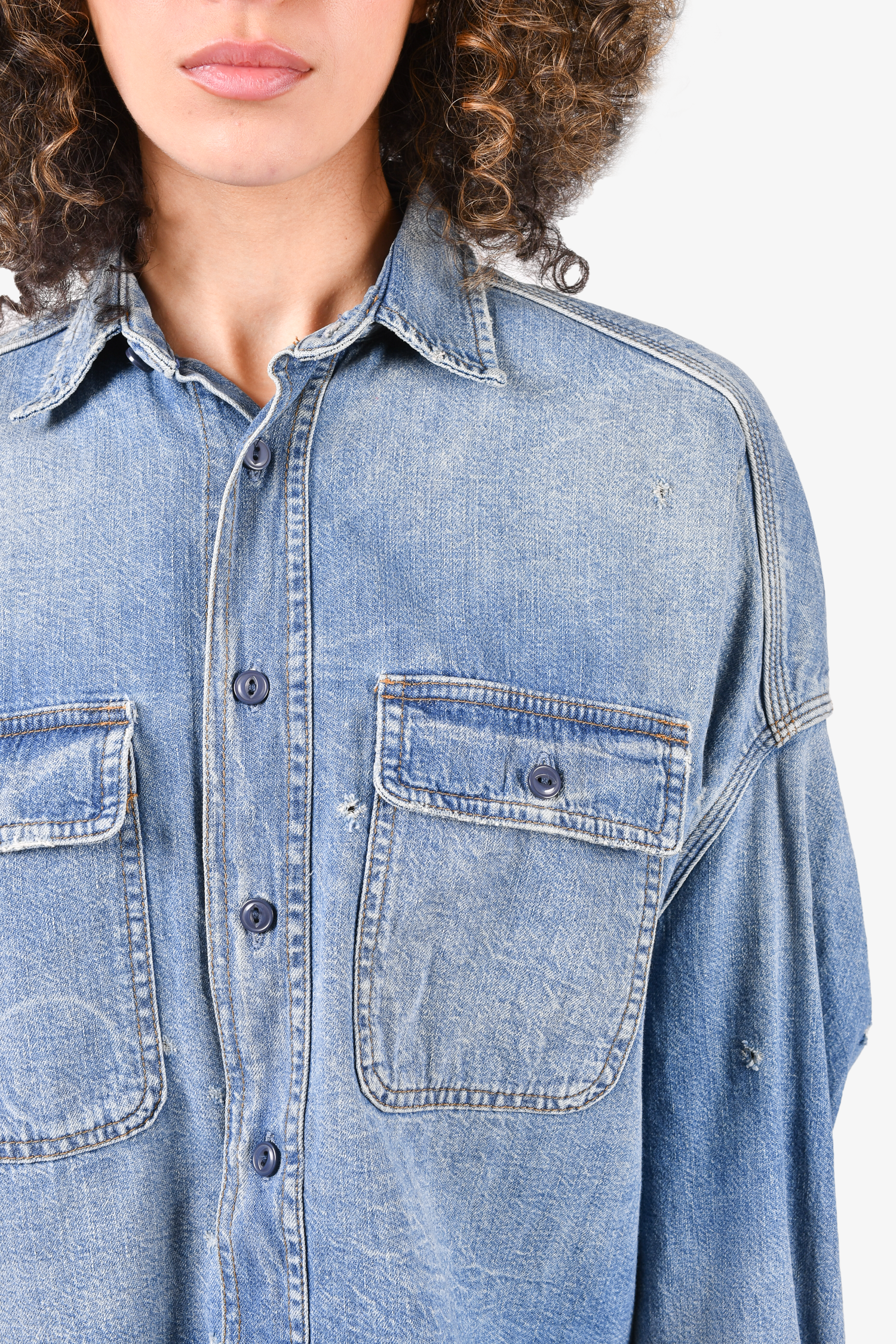 R13 Blue Medium Wash Denim Distressed Collared Button Down Top Size S