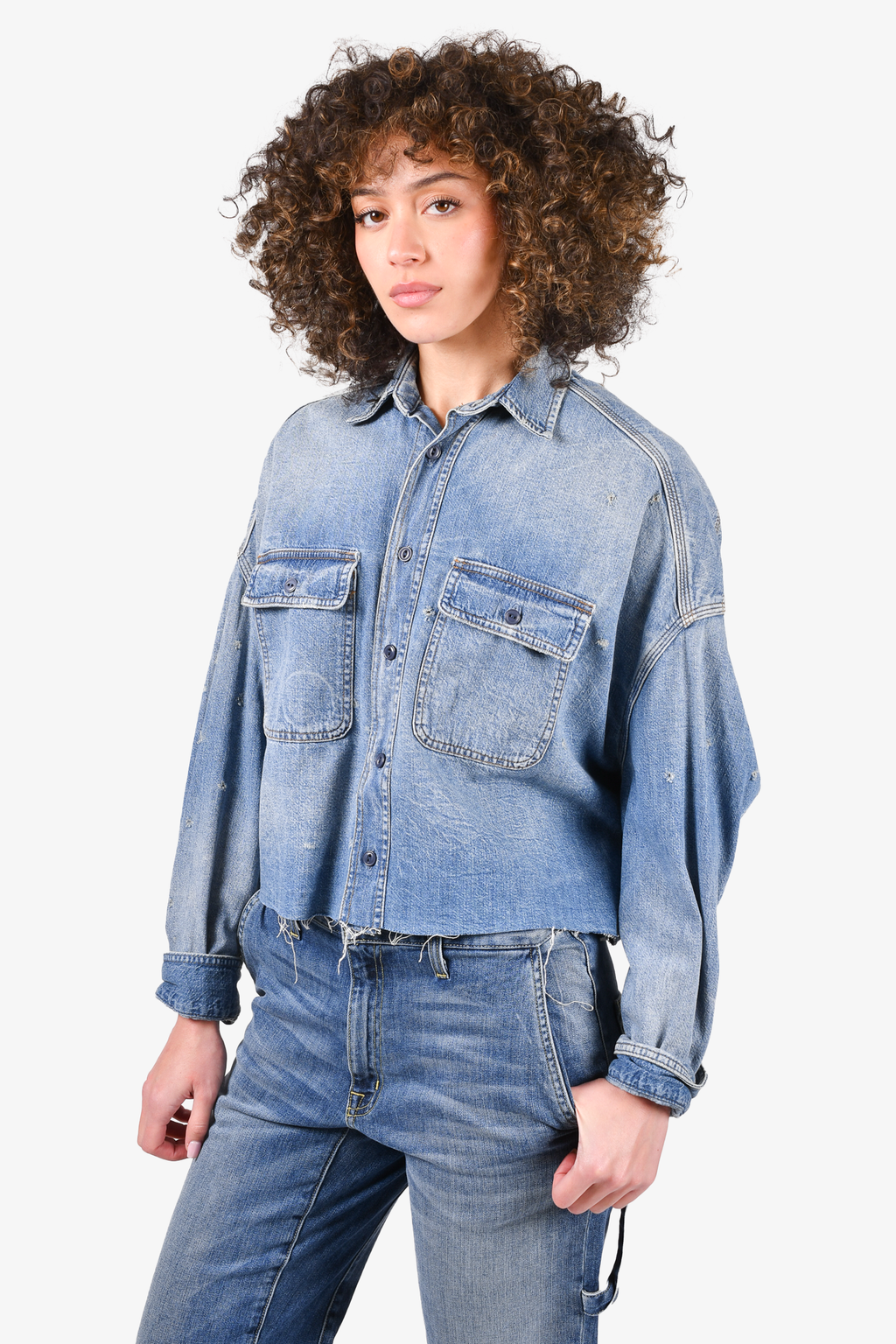 R13 Blue Medium Wash Denim Distressed Collared Button Down Top Size S
